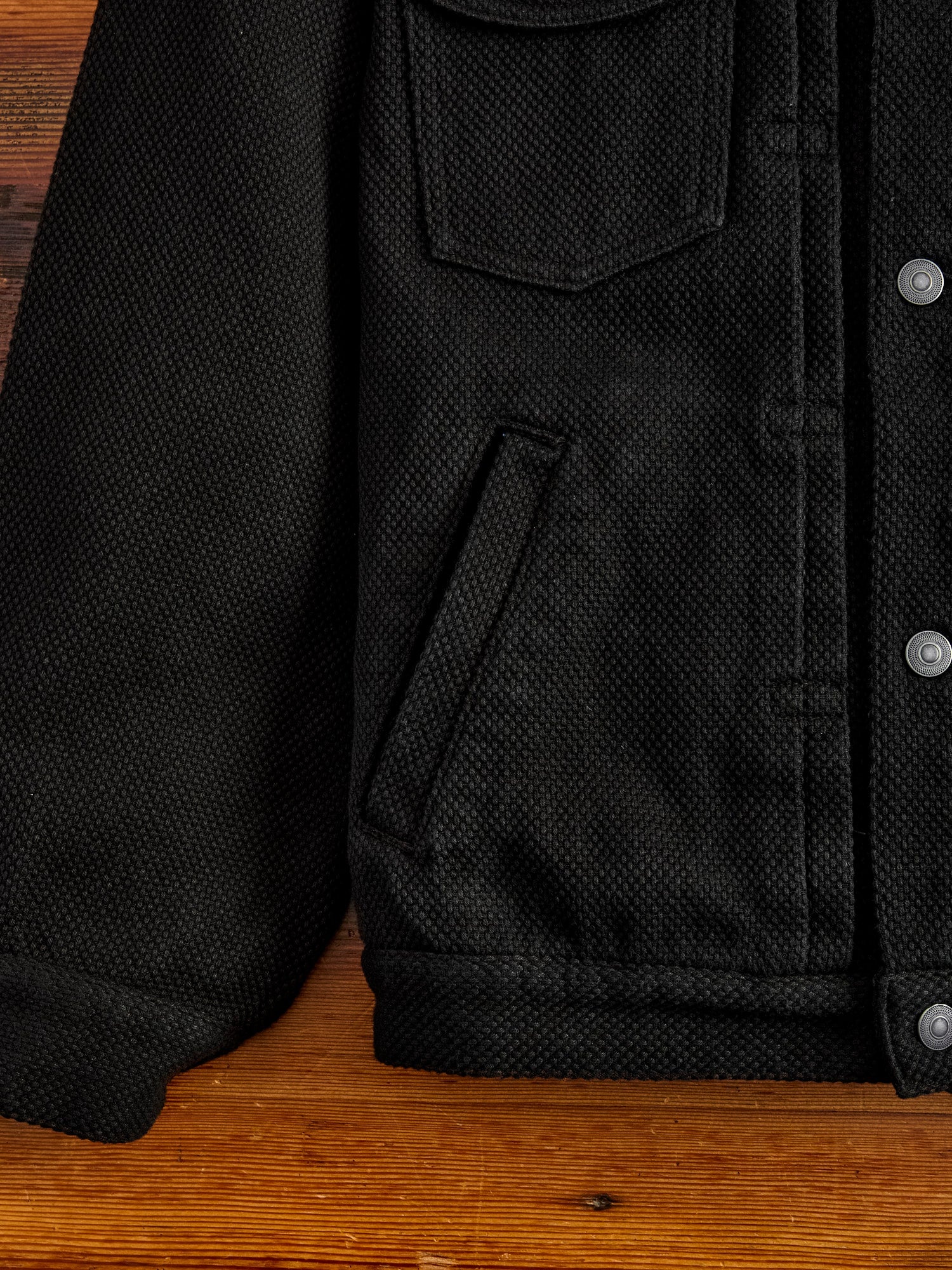 Double Cloth Sashiko Trucker Jacket in Black - 6