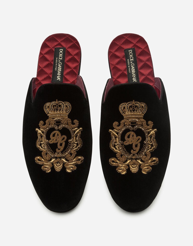 Velvet open-back slippers with coat of arms embroidery - 3