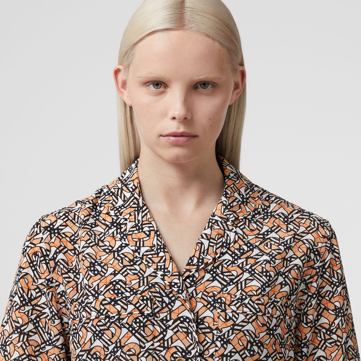 Short-sleeve Monogram Print Silk Shirt Dress - 3