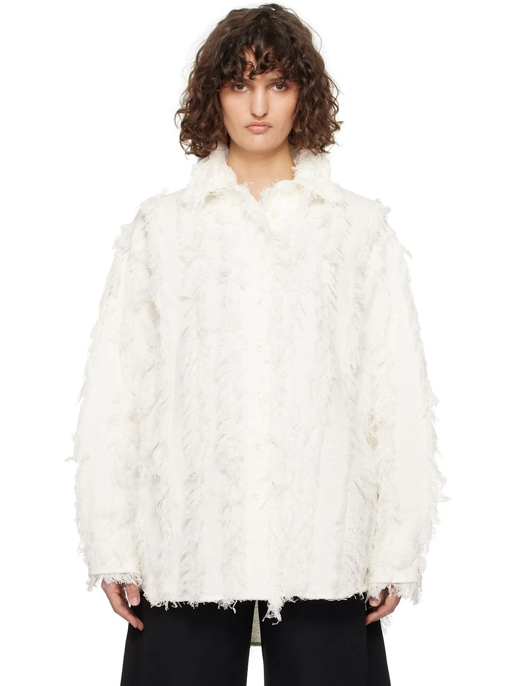 White Fringe Effect Oversized Shirt - 1