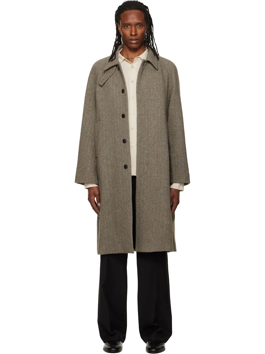 Beige Herringbone Wool Raglan Coat - 1