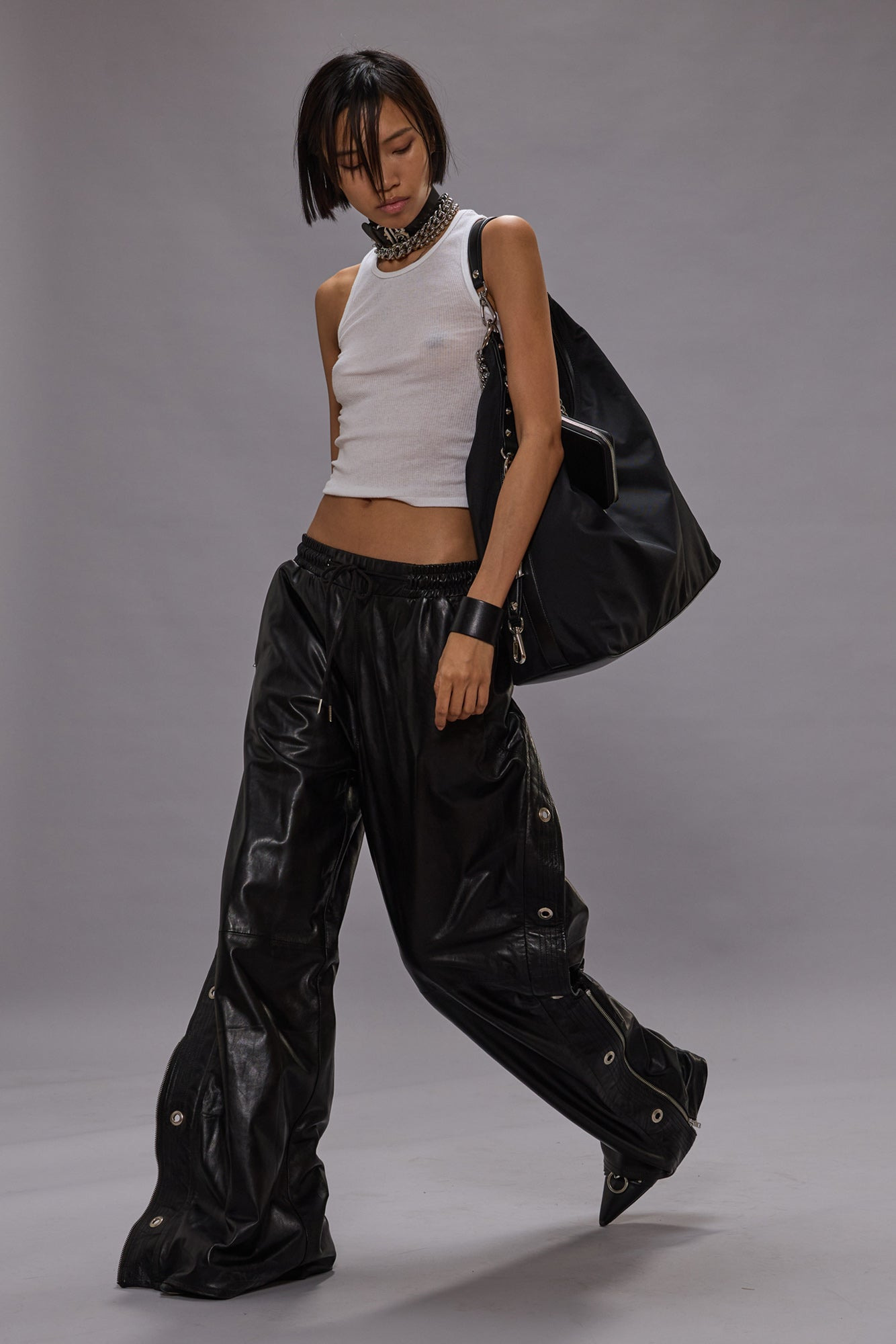 WIDE LEG LEATHER PANT WITH TRAPUNTO STITCHING - 2