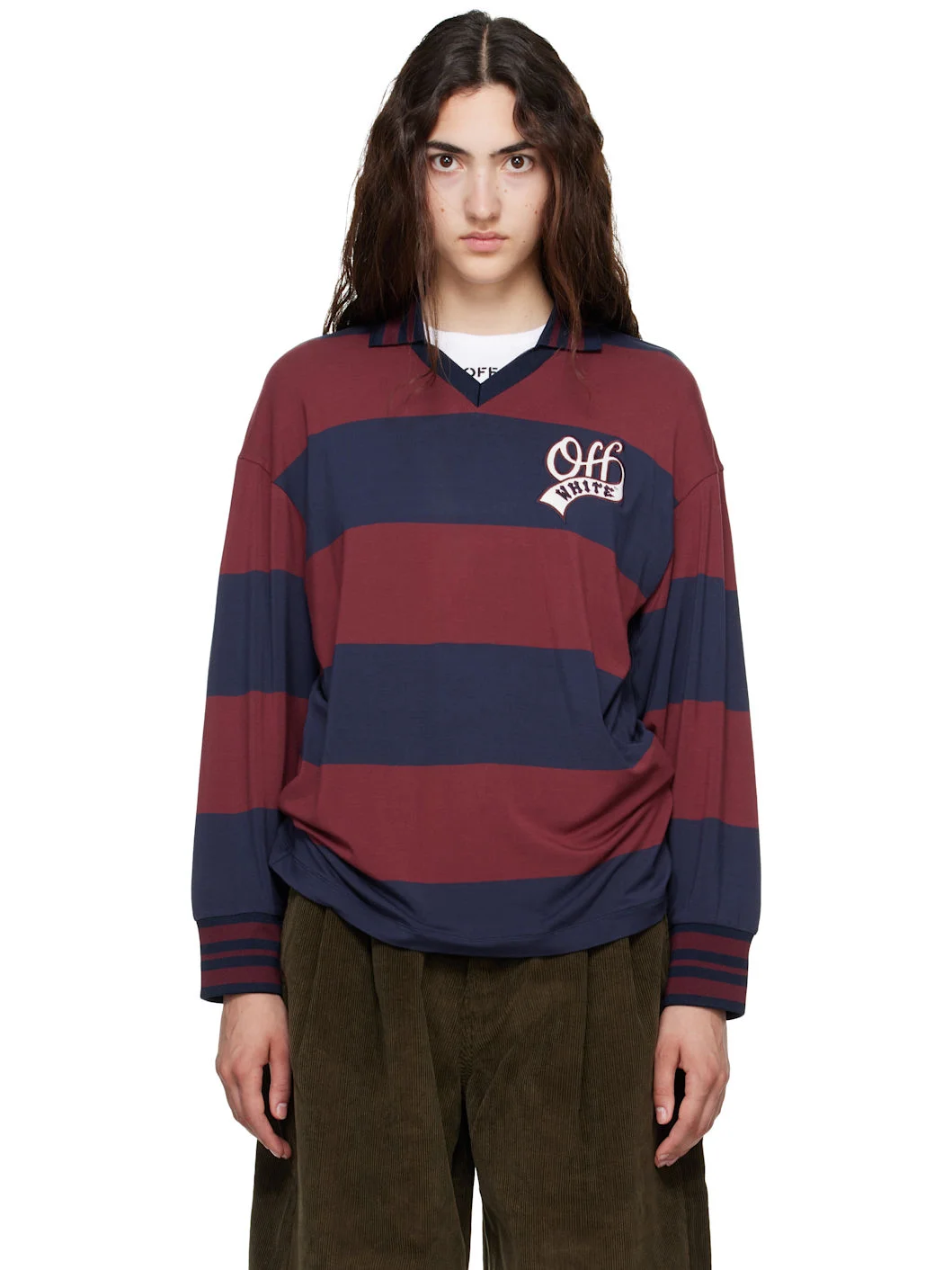 Navy & Burgundy Striped Interlock L/S Polo - 1