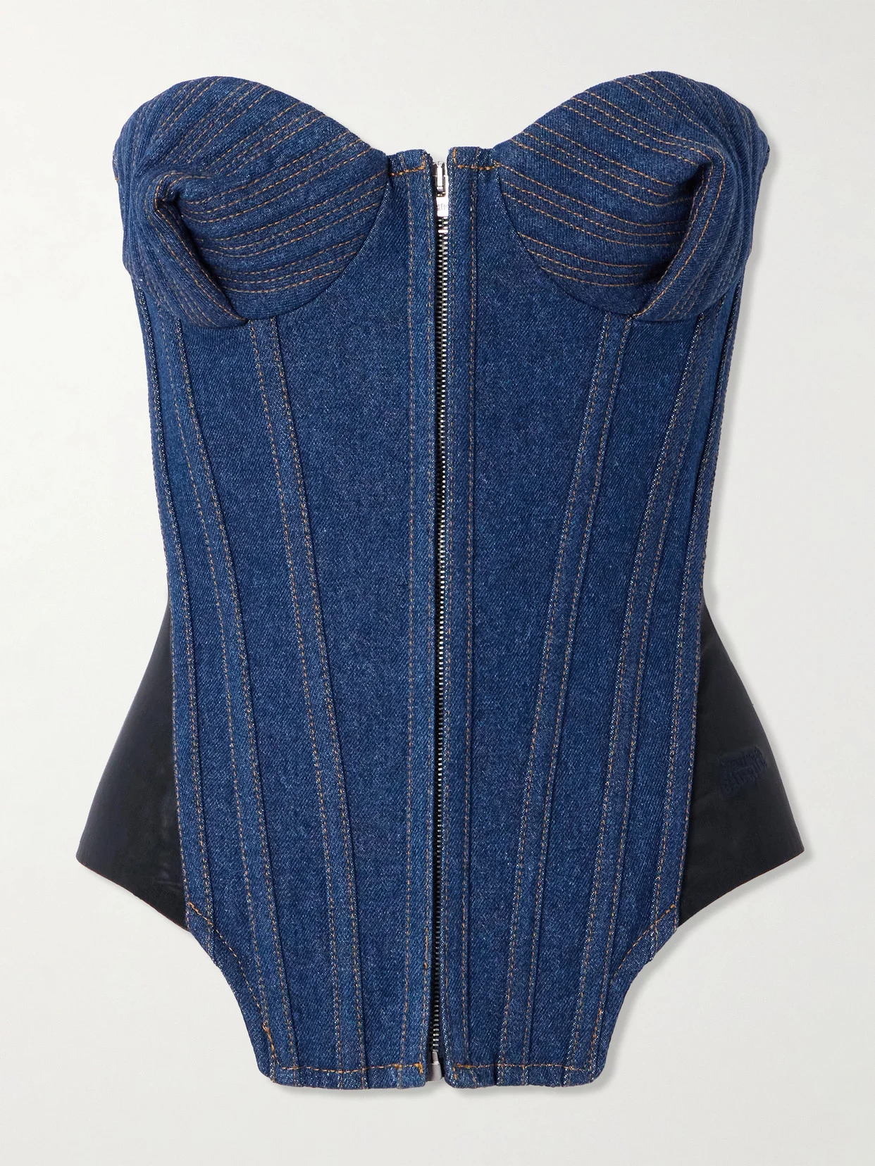 Mesh-trimmed Denim Bustier Top - 1