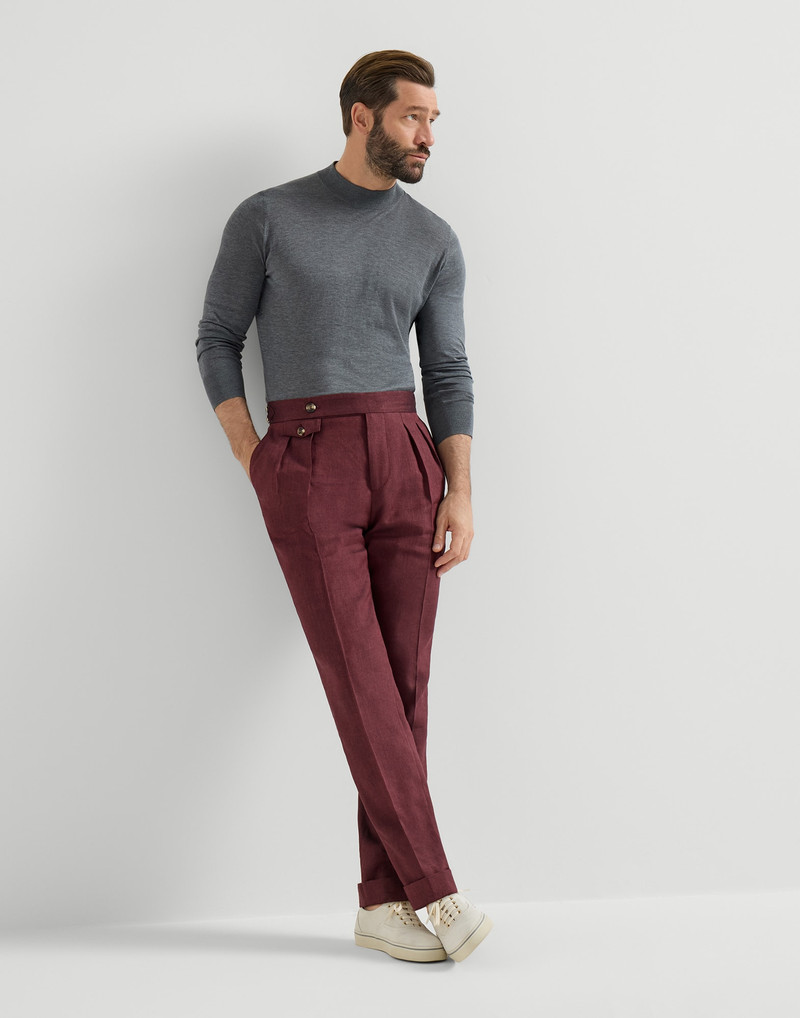 Linen and virgin wool chevron trousers with double pleats and waist tabs 5