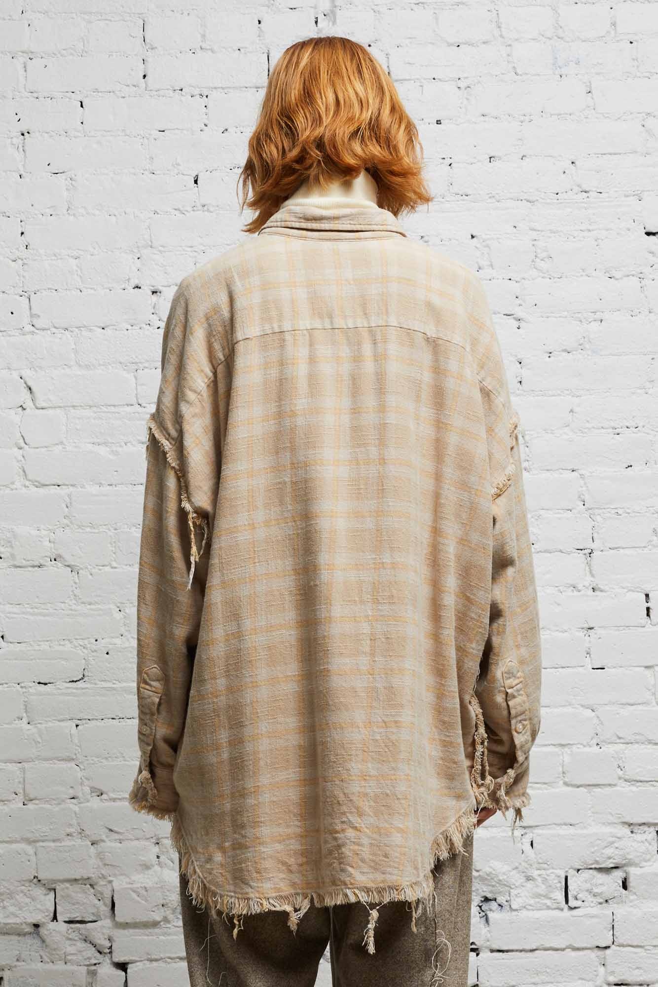 SHREDDED SEAM DROP NECK SHIRT - OVERDYED KHAKI PLAID - 5