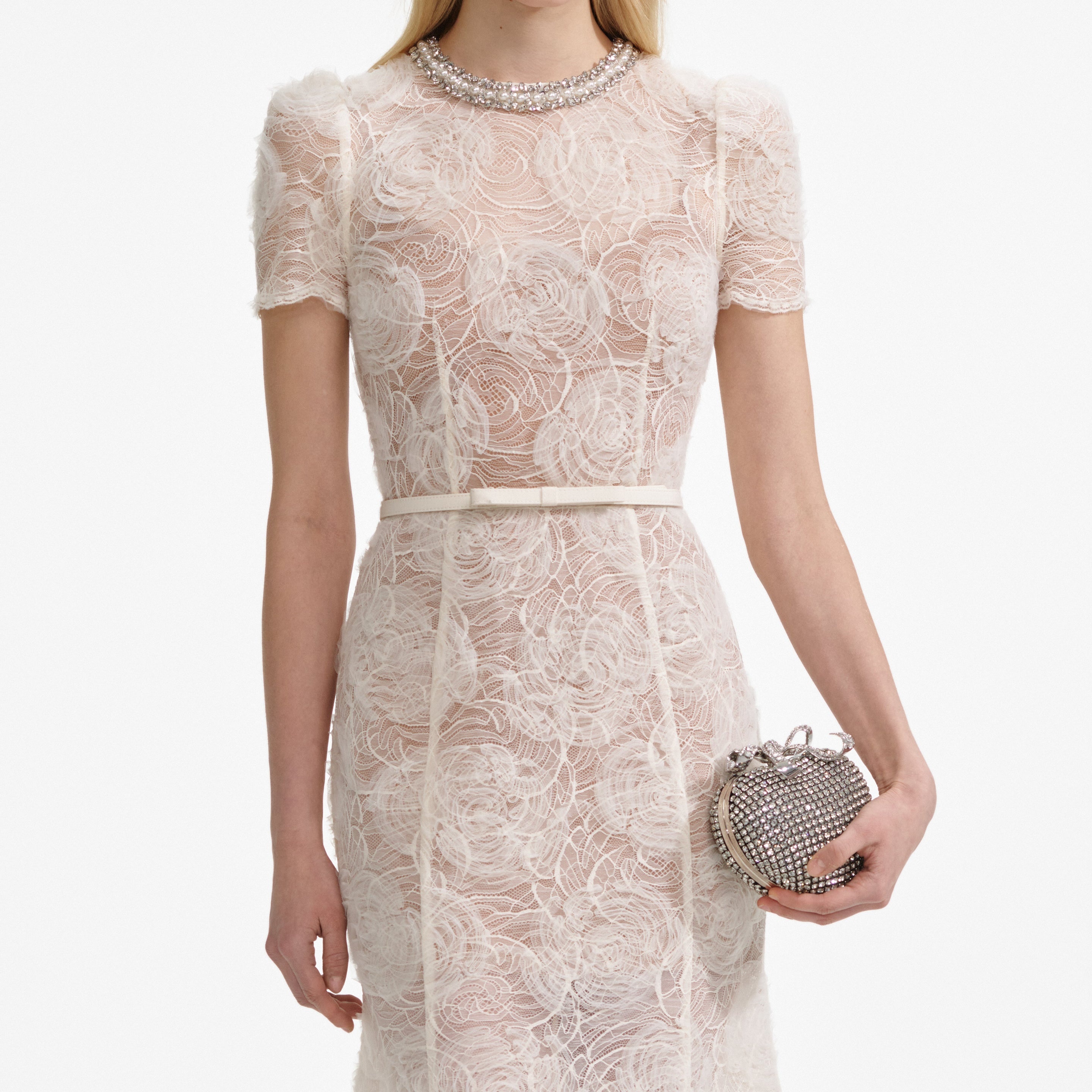 Cream Tulle Lace Midi Dress - 4