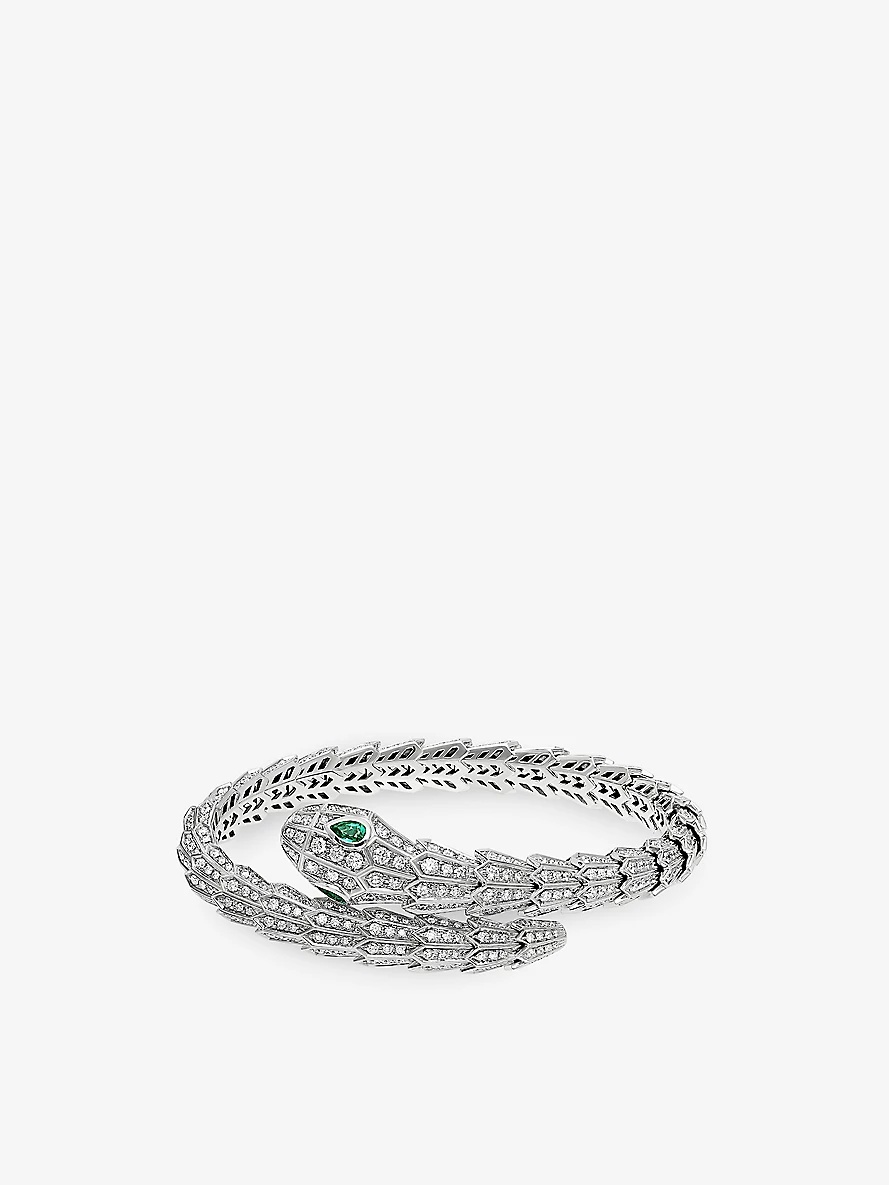 Serpenti Tubolari 18ct white-gold, 3.89ct diamond and 0.26ct emerald bracelet - 3