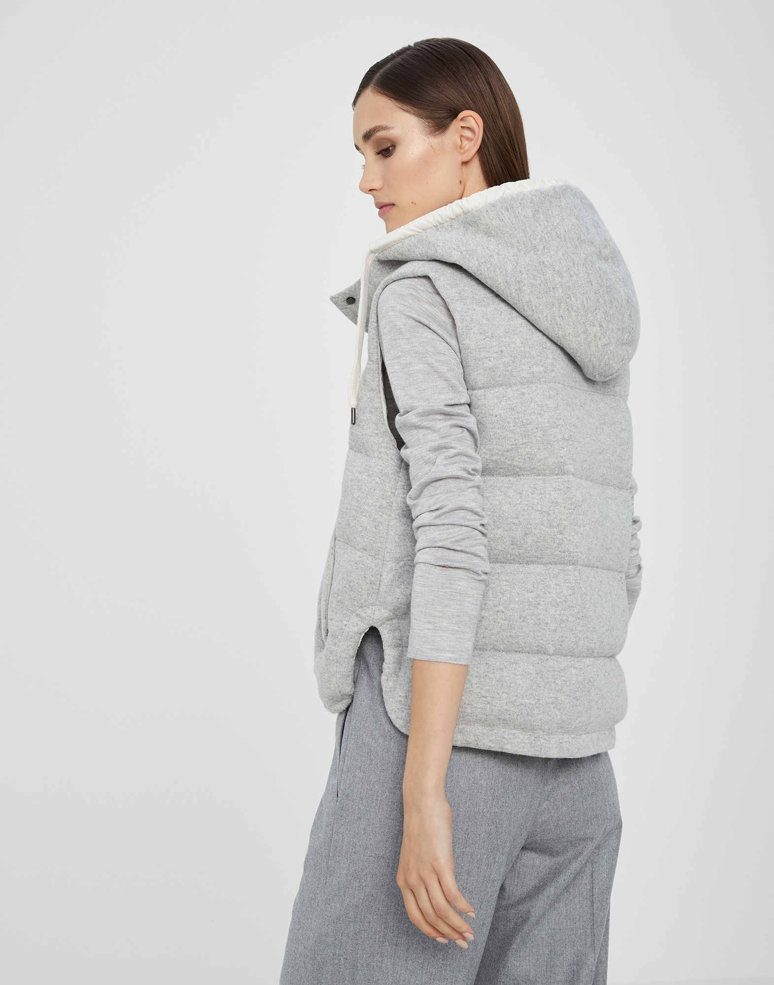 Cashmere knit reversible down vest with hood and shiny trim - 2