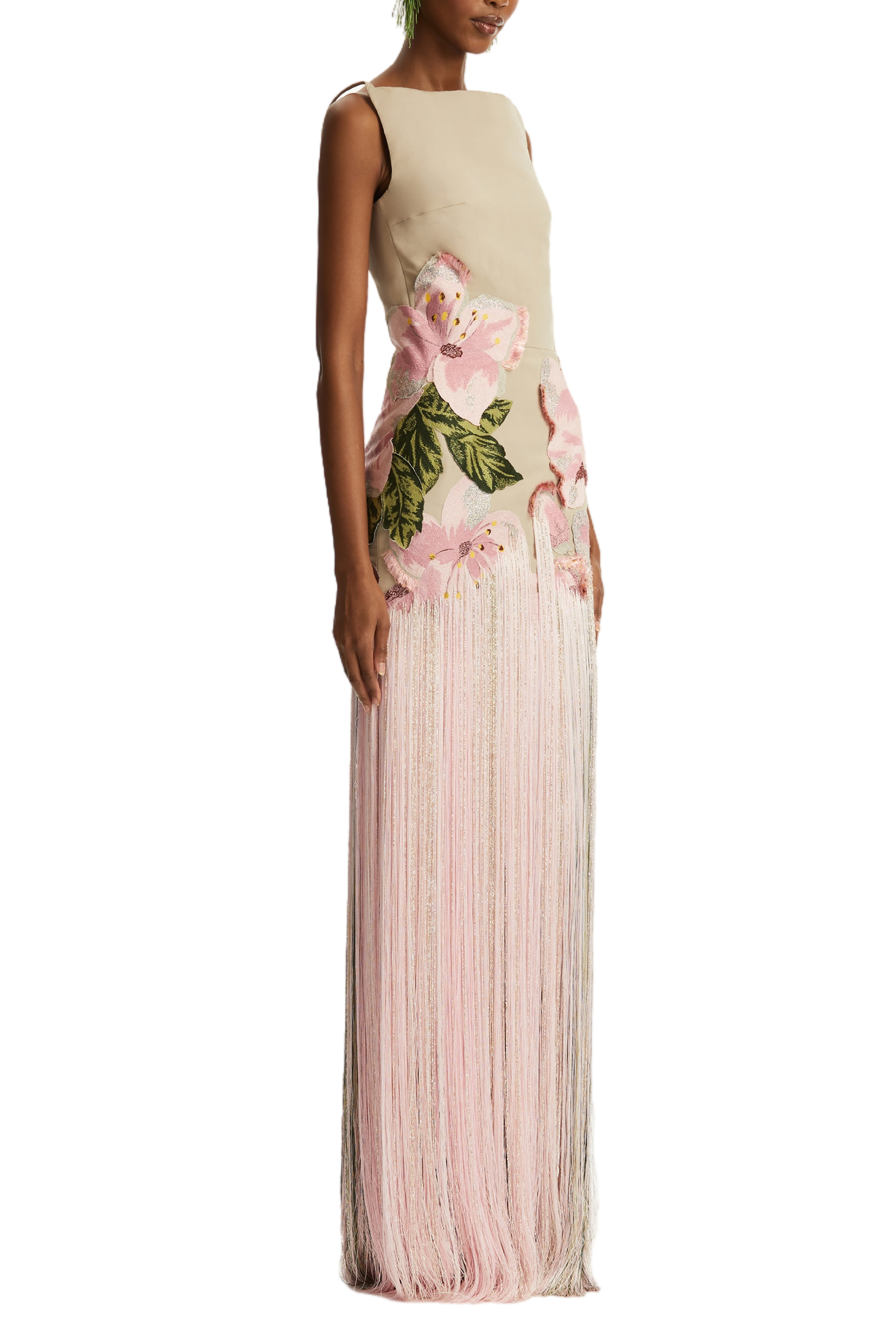 SLEEVELESS EMBROIDERED FAILLE GOWN WITH FRINGES - 1