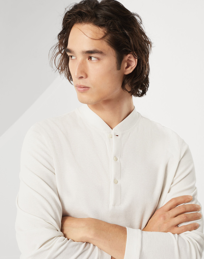 Cotton waffle jersey long sleeve T-shirt with Henley collar 3