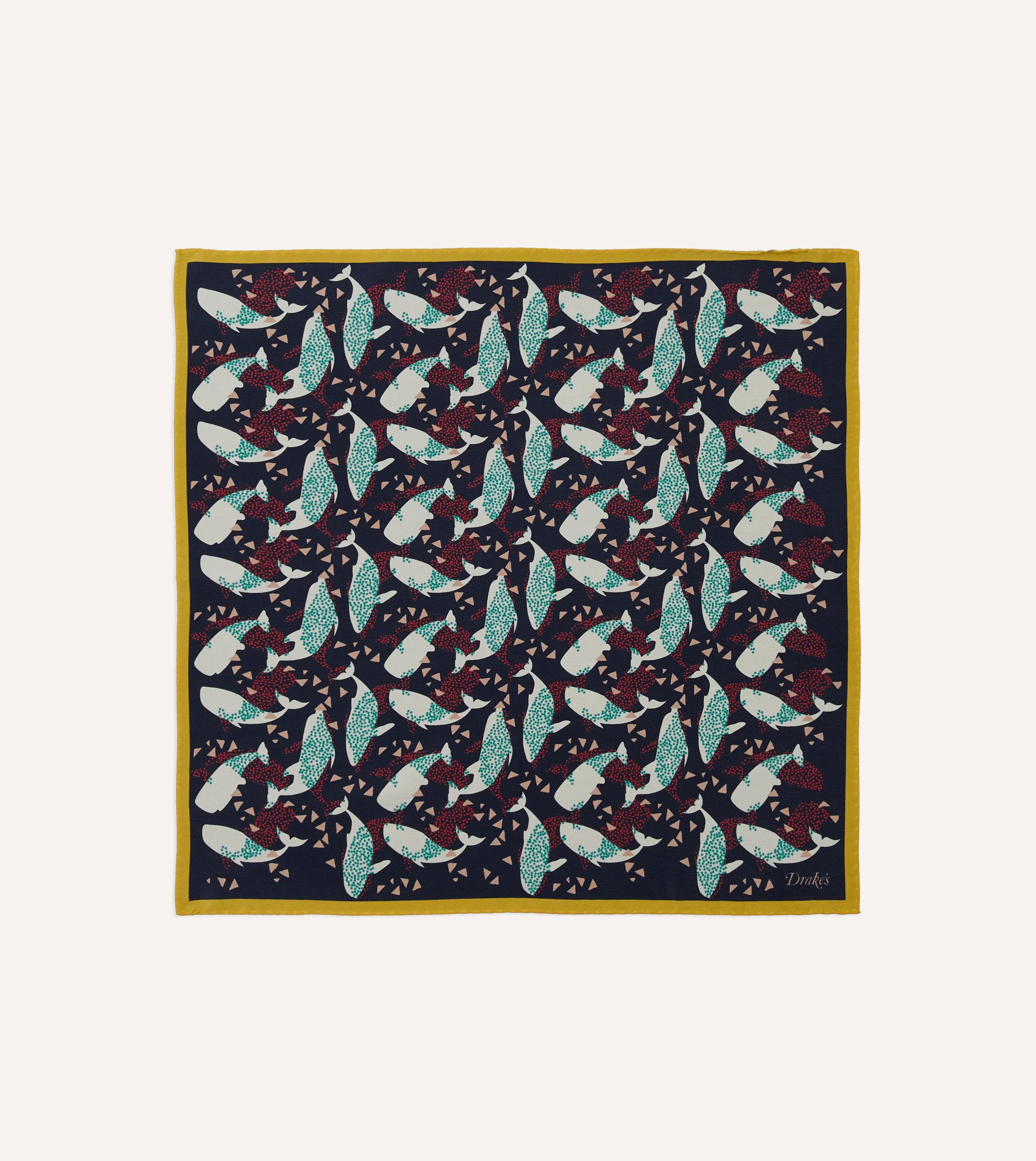 Navy Whale Print Silk Pocket Square - 1