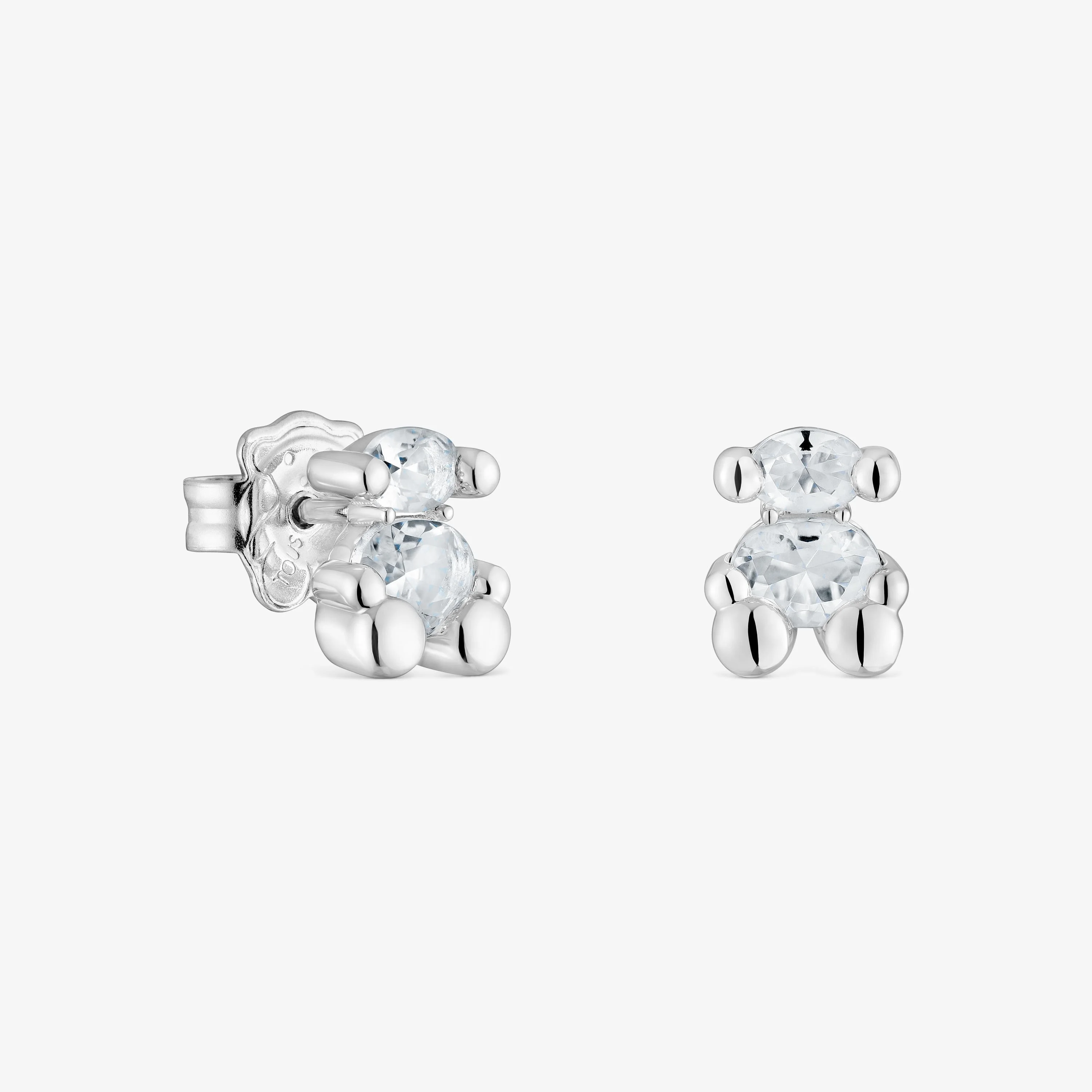 8 mm silver and rock crystal quartz bear motif Earrings Color Bear - 1