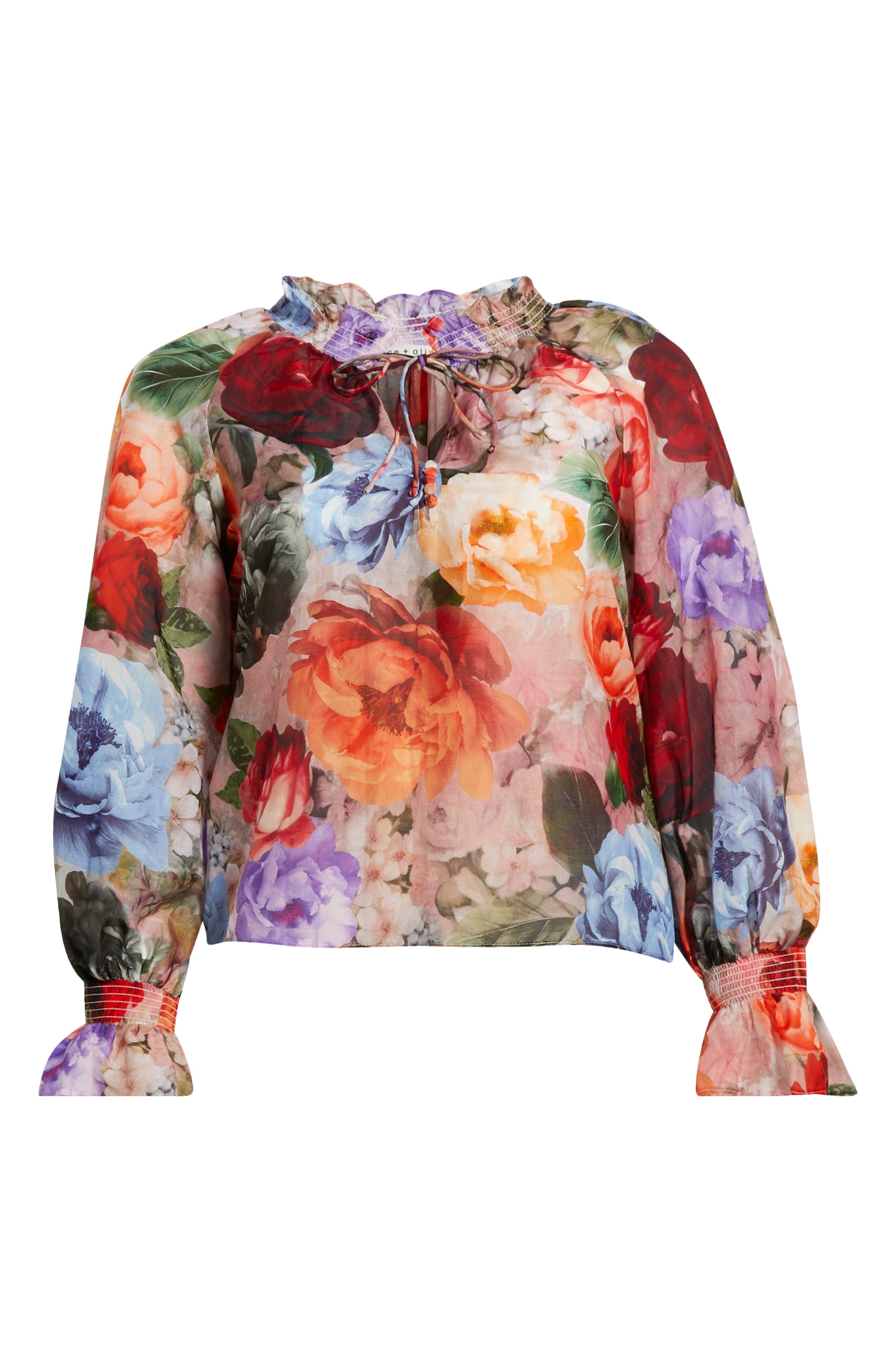 Alice + Olivia Norah Ruffle Cotton & Silk Peasant Top in Storm Floral at Nordstrom - 5