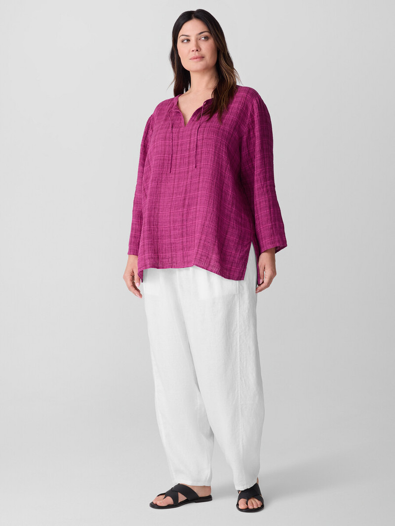 Puckered Organic Linen Plaid Keyhole Top 6
