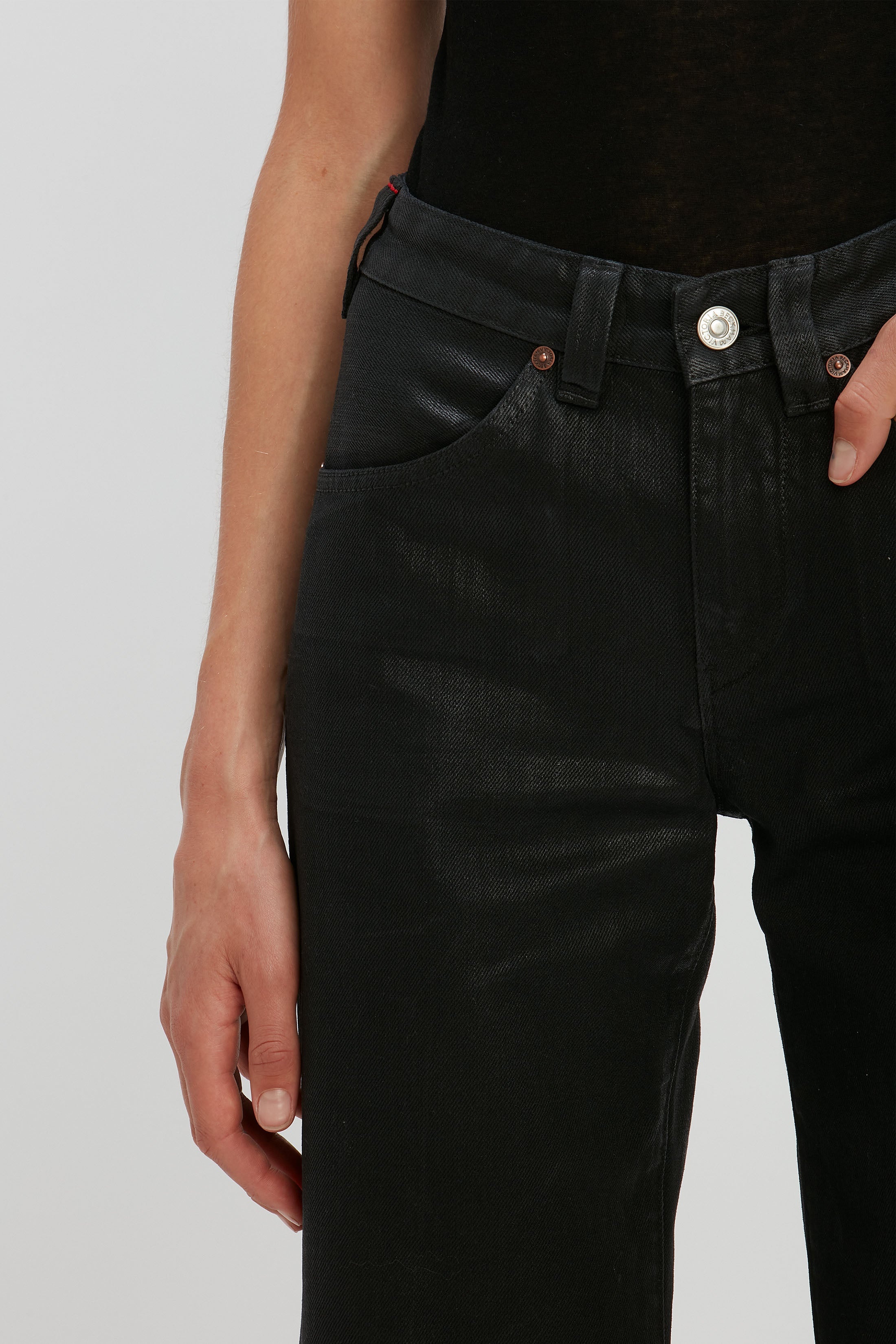 Edie Mid-Rise Kick Flare Jean in Black Gloss - 6