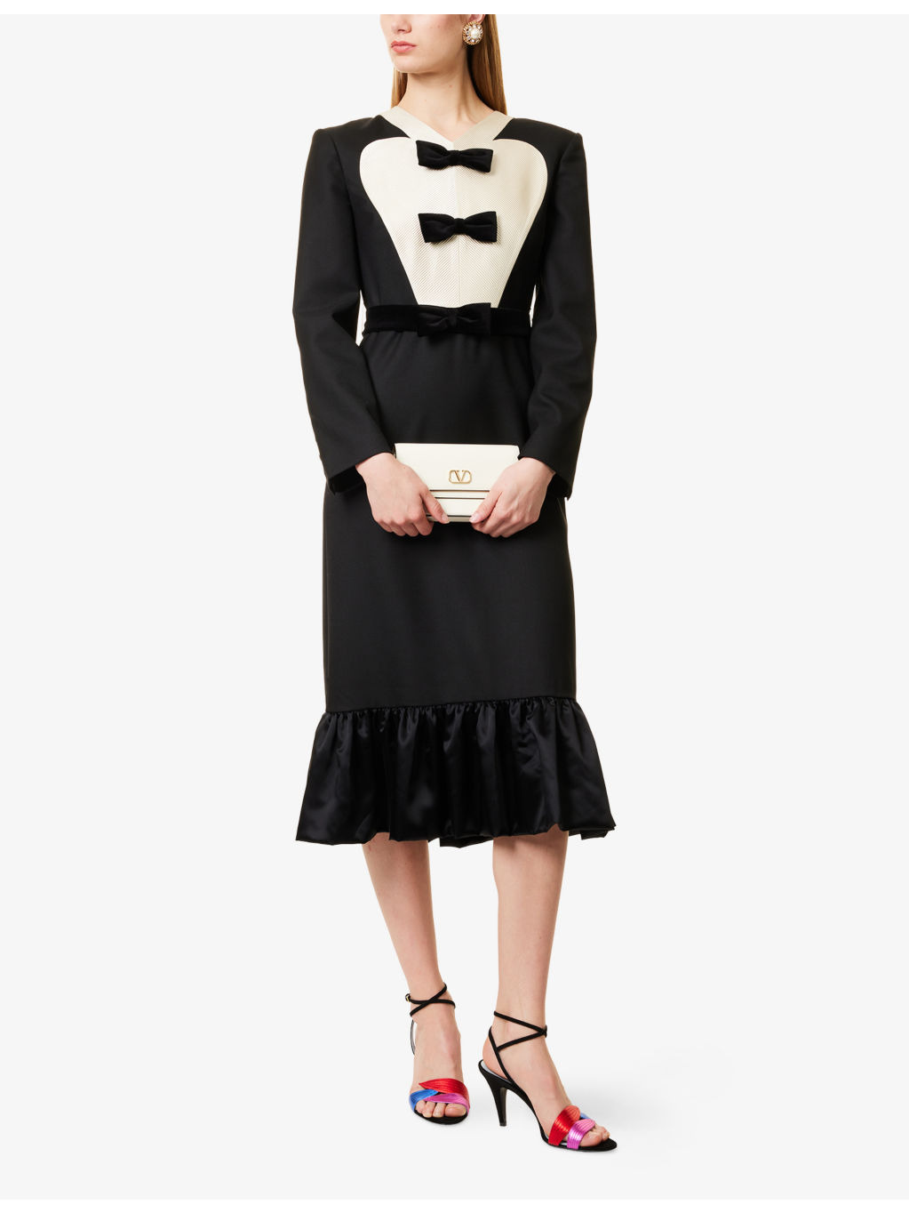 Bow-Embellishment Ruffled-Hem Wool Midi Dress - 2