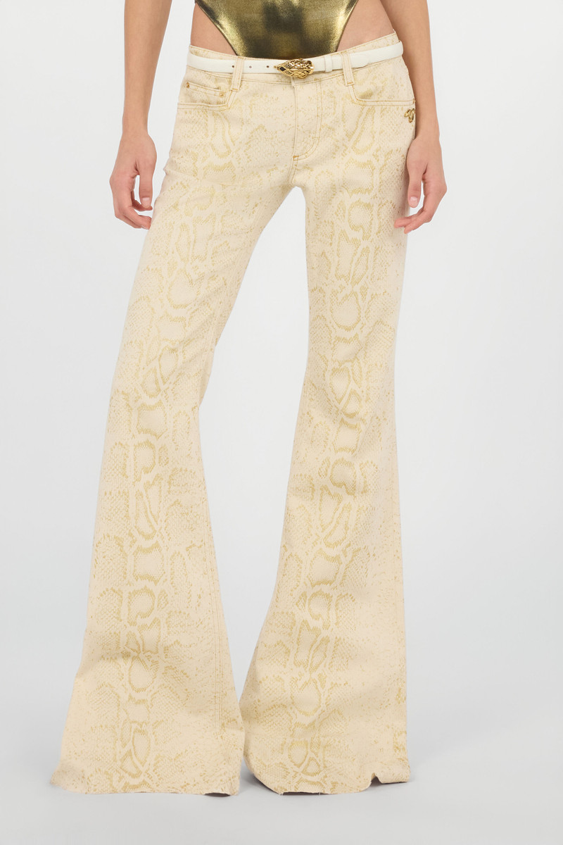 White Flared Jeans with Gold Python Motif 3