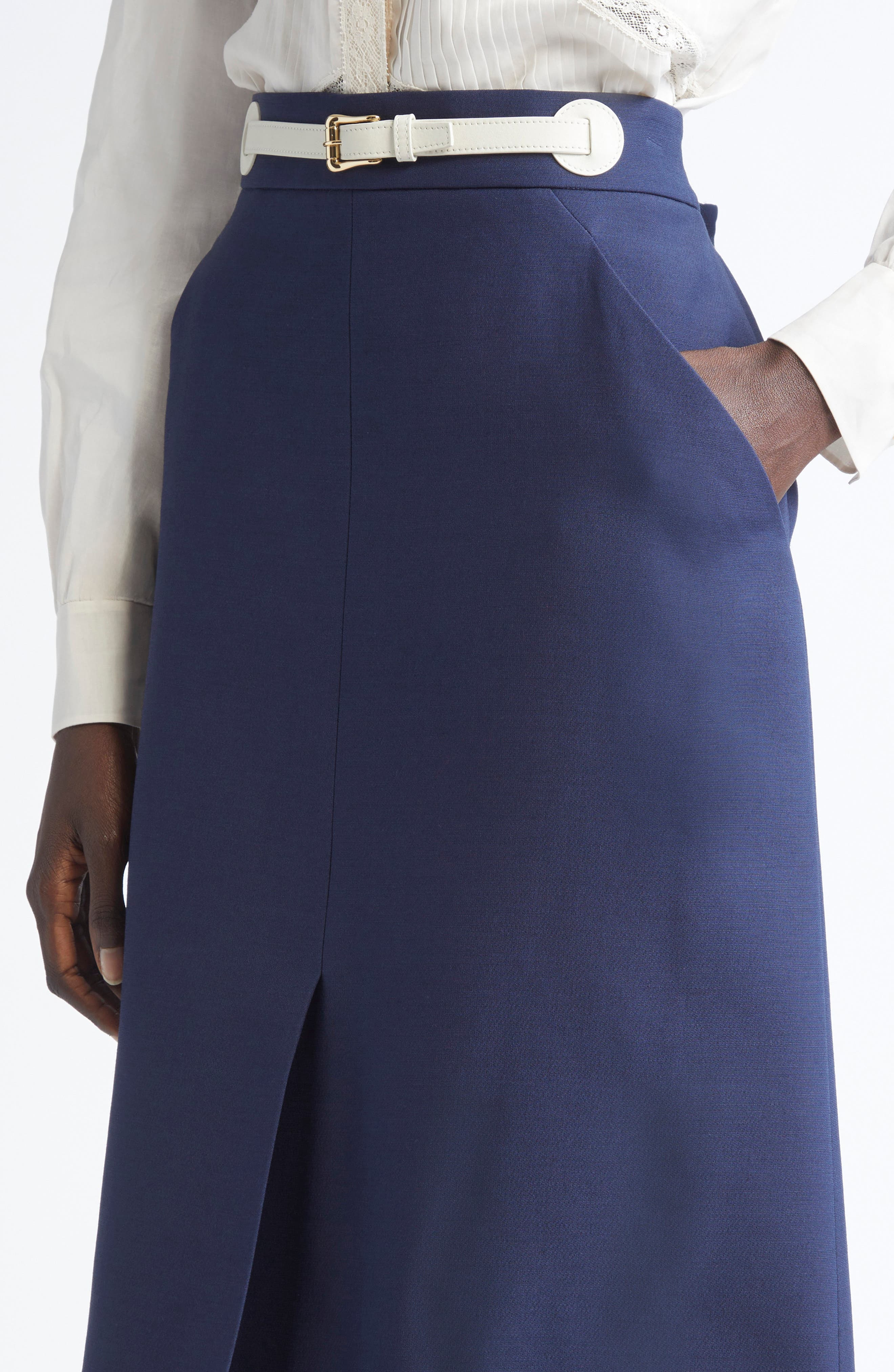 Valentino Garavani Belted Virgin Wool & Silk Midi Skirt in Indigo Multi at Nordstrom - 5