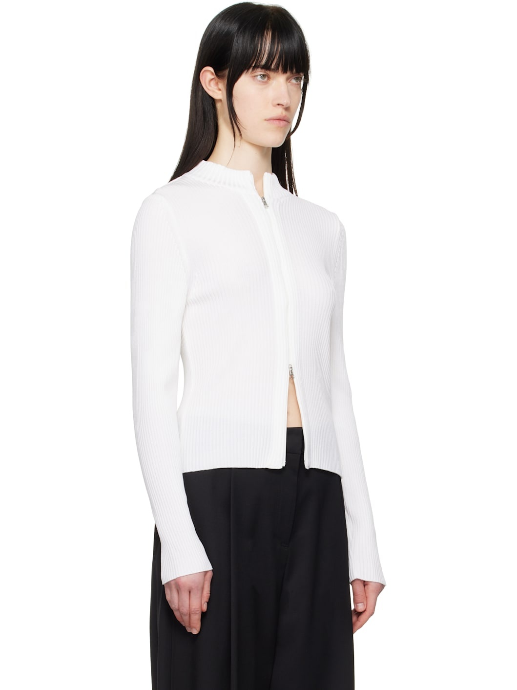 White Ribbed Mock Neck Cardigan - 2