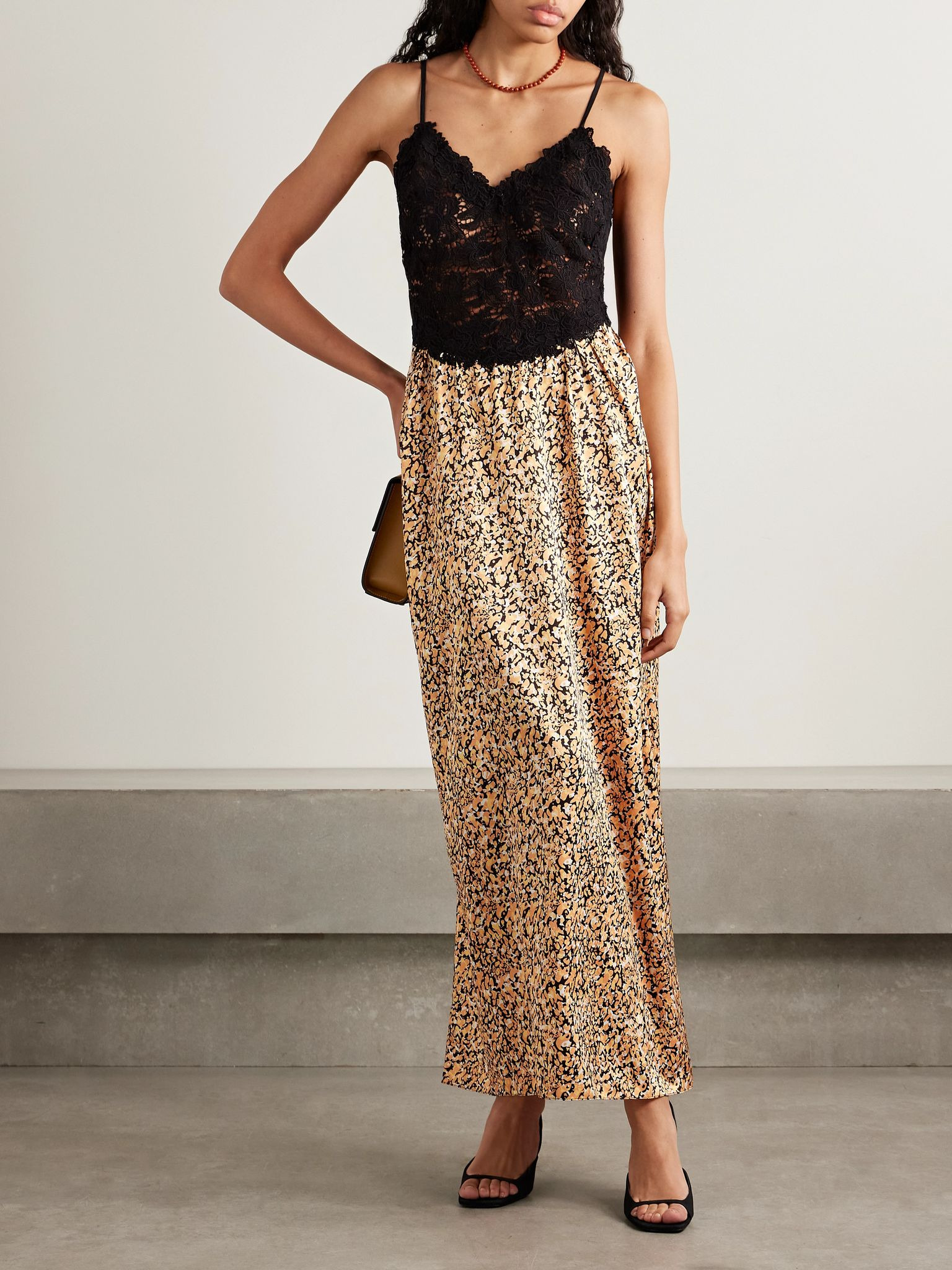 Petra lace and printed satin maxi dress Beige - 2