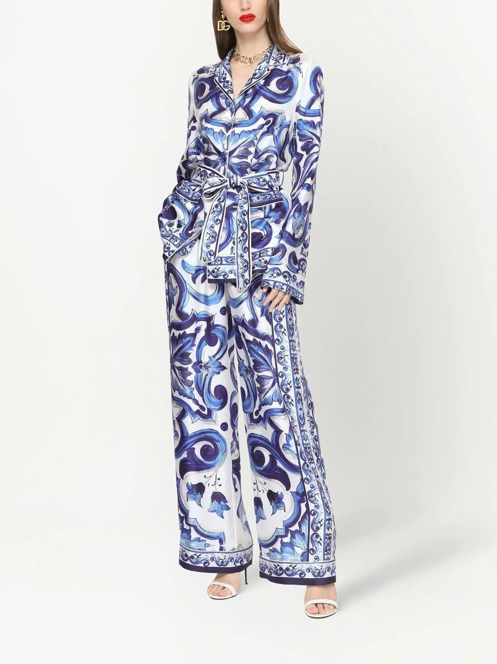 Majolica-print belted silk shirt - 3