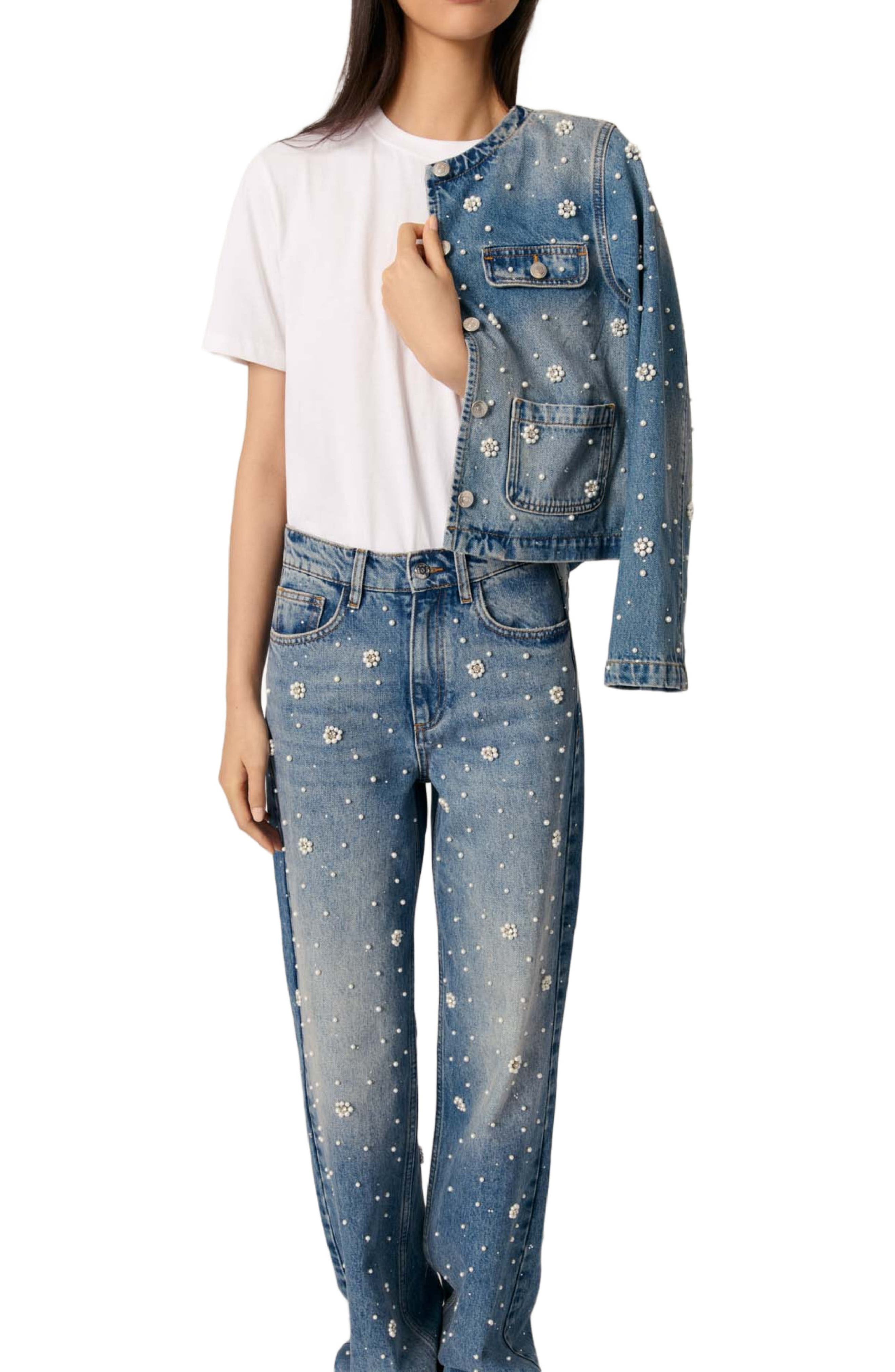 maje Wide-leg embroidered jeans in Blue at Nordstrom - 4
