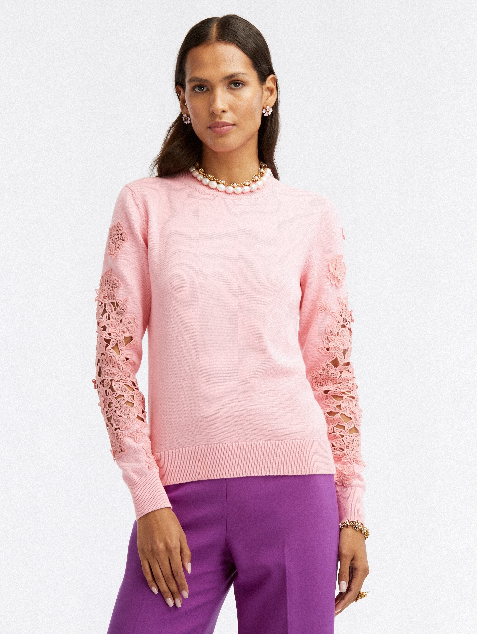 GUIPURE LACE LONG SLEEVE PULLOVER - 1