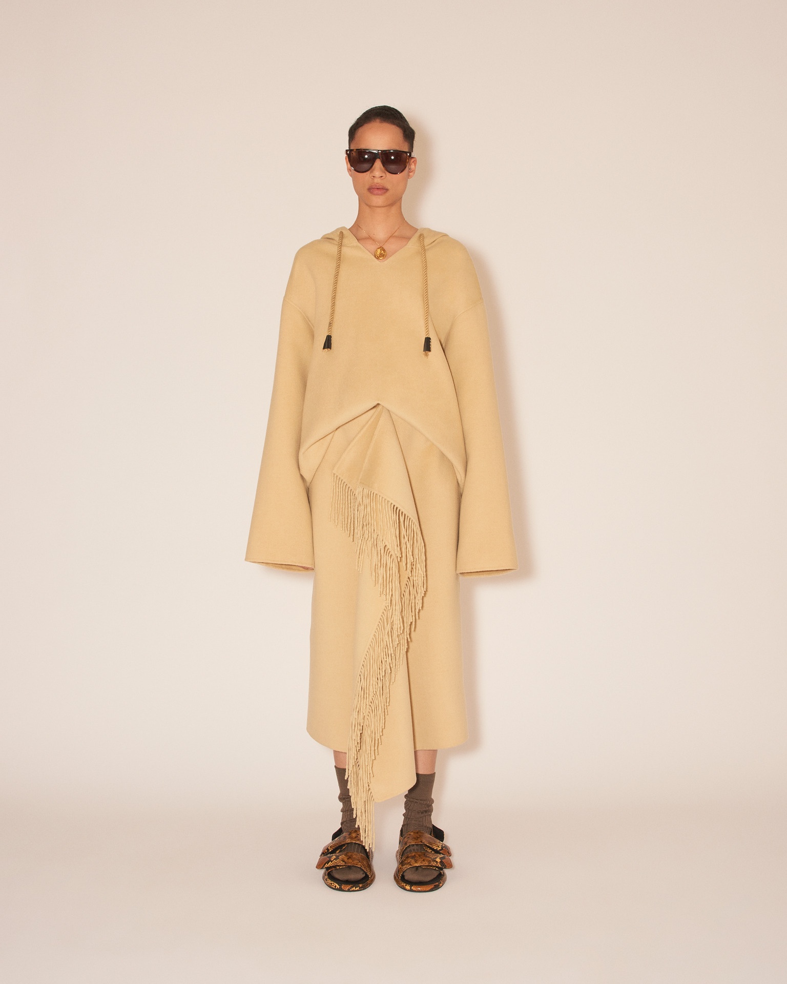 LIZA - Draped wrap light double wool blanket skirt - Creme - 3