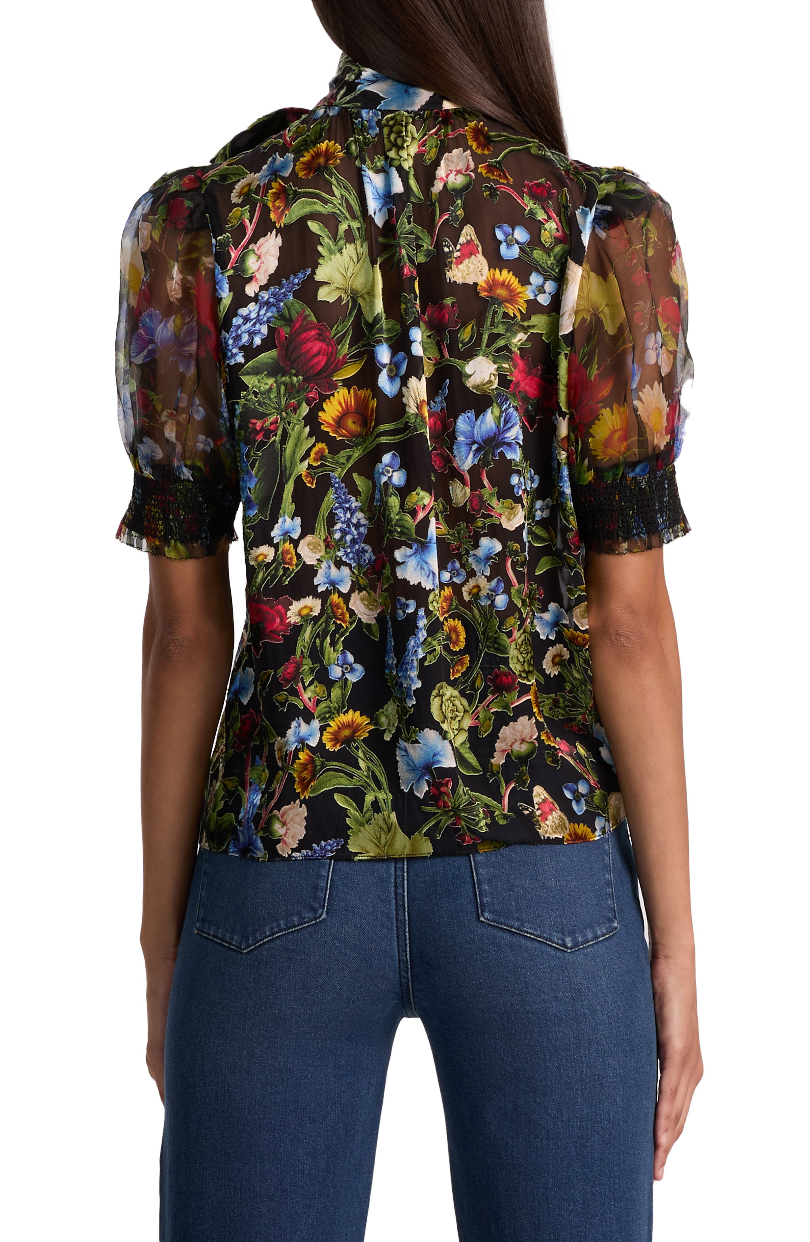Alice + Olivia Brentley Floral Tie Neck Button-Up Shirt in Social Hour Black at Nordstrom - 2