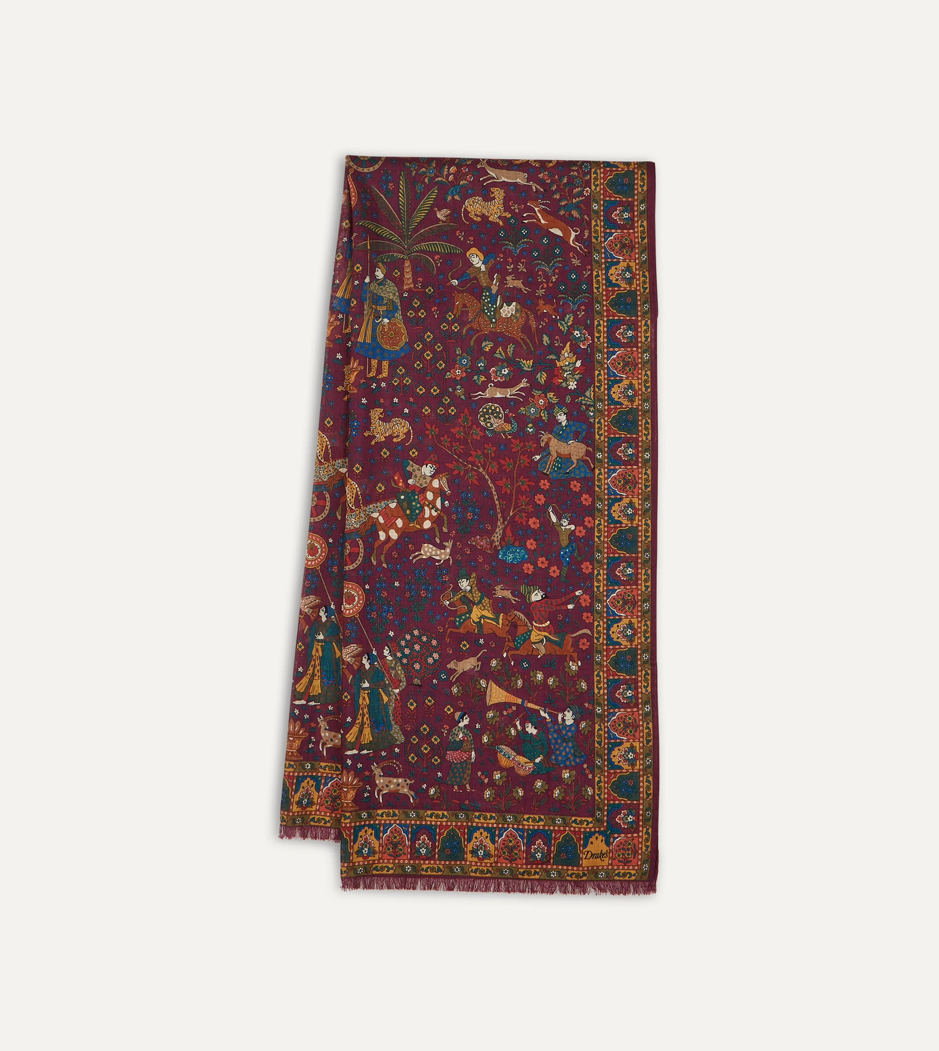 Magenta Mughal Hunter Print Wool-Silk Scarf - 1