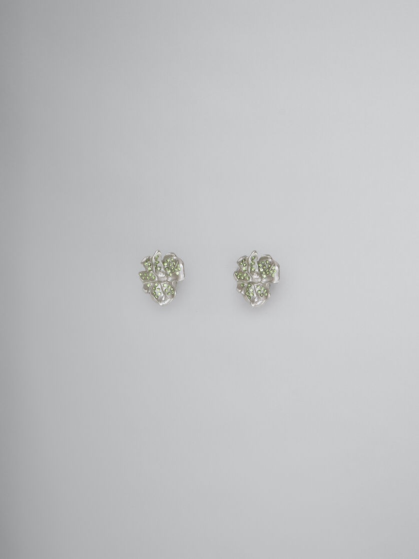 METAL FLOWER STUD EARRINGS WITH GREEN CRYSTALS - 1