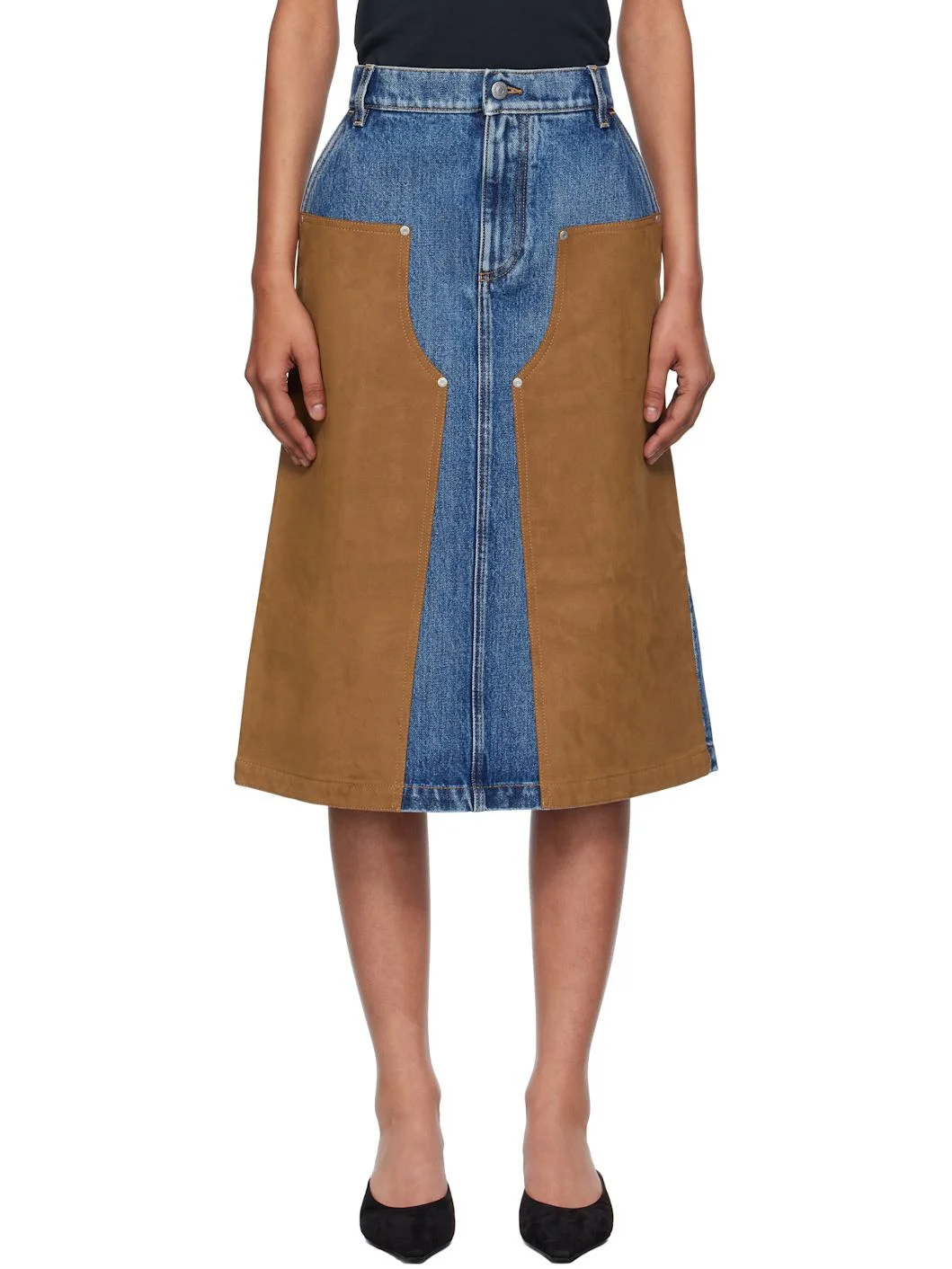 Blue & Tan Mixed Denim & Faux-Suede Midi Skirt - 1