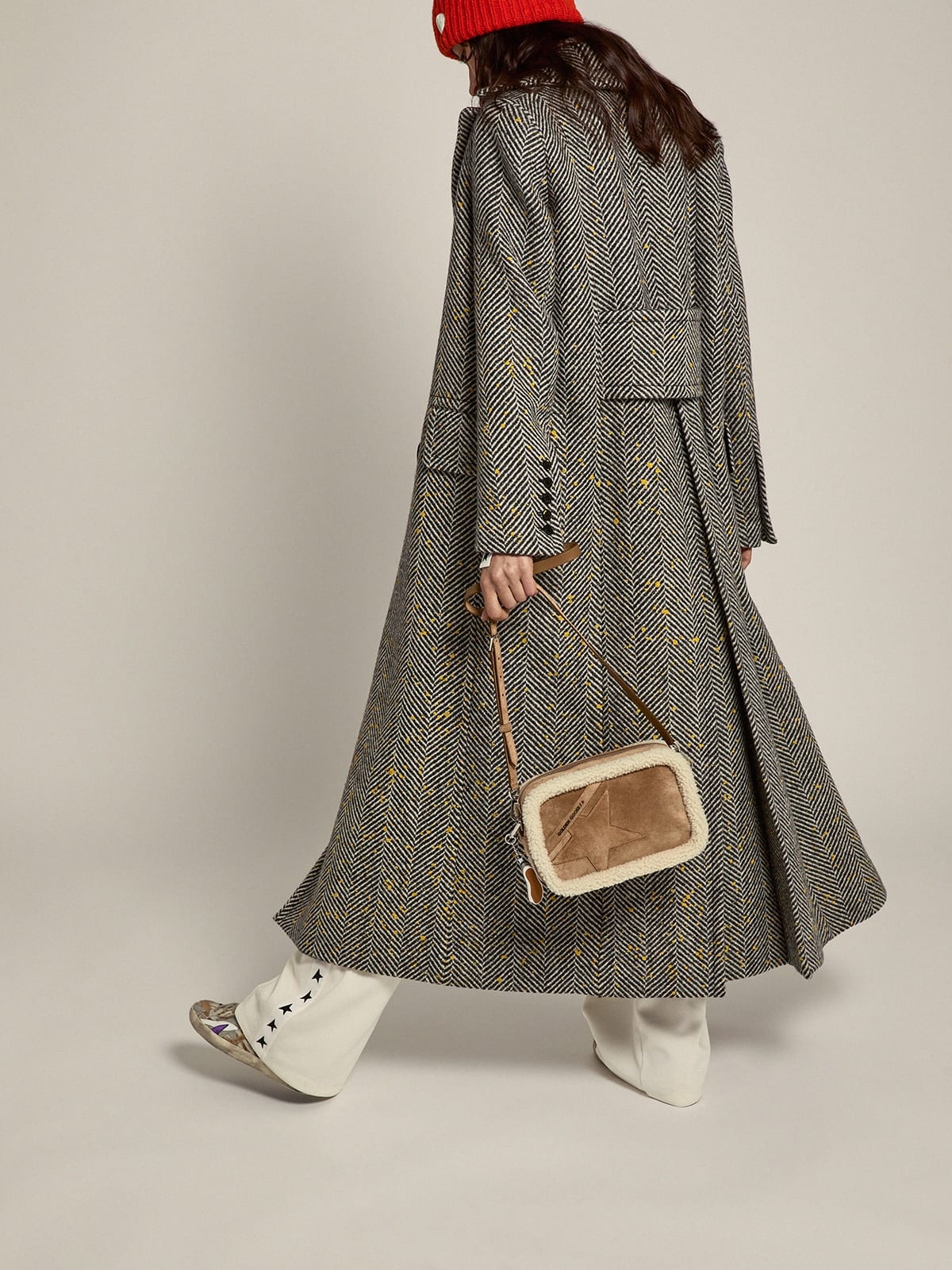 Women’s long herringbone coat with yellow details - 4