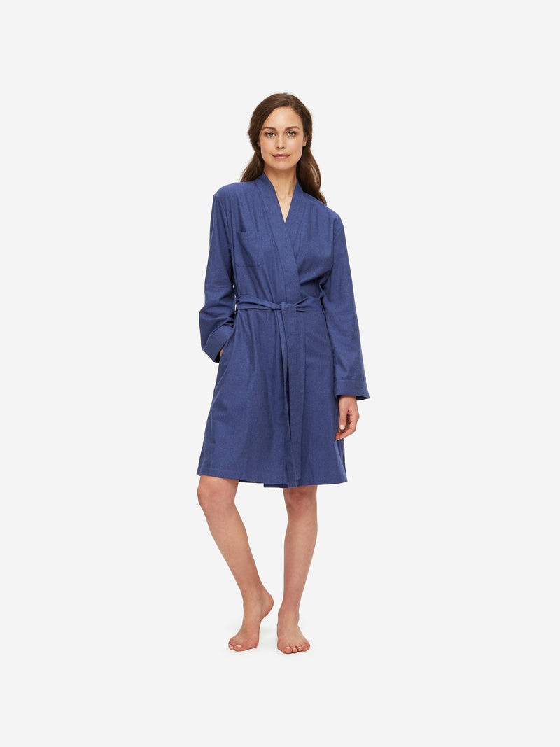 Derek Rose Women's Dressing Gown Balmoral 3 Brushed Cotton Navy outlook