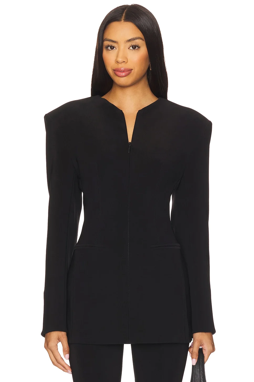 Long Sleeve Shoulder Pad V Neck Zip Front Jacket - 1