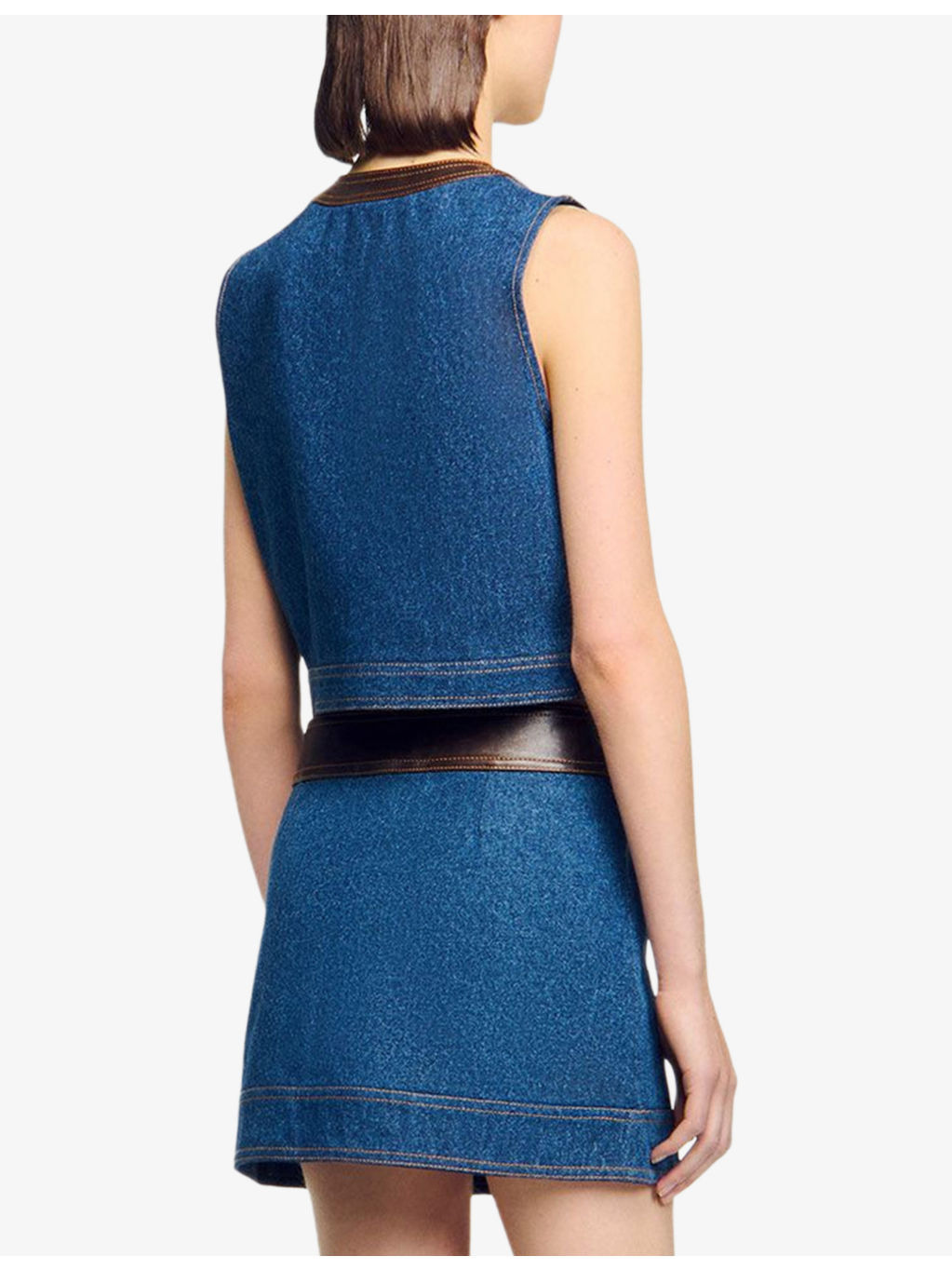 Leather-Trim Button-Down Denim Top - 4