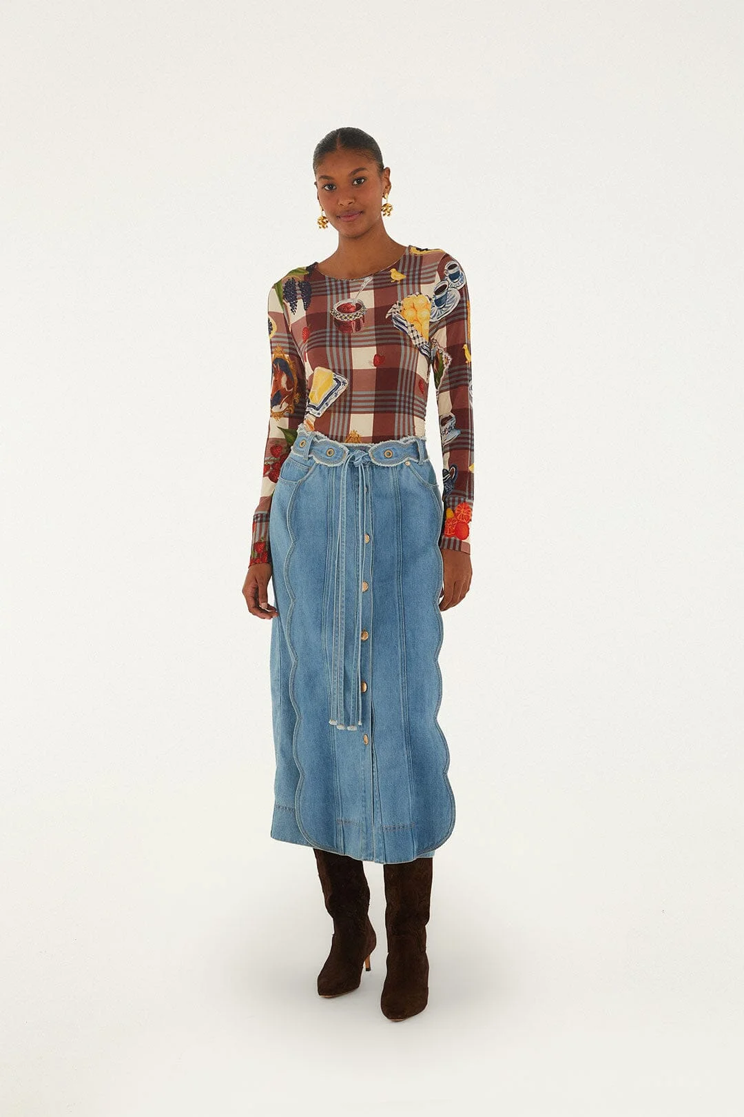 Denim Buttoned Belted Wavy Midi Skirt - 1