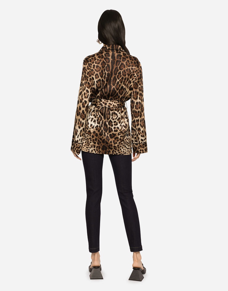 Leopard-print satin pajama shirt with belt - 3