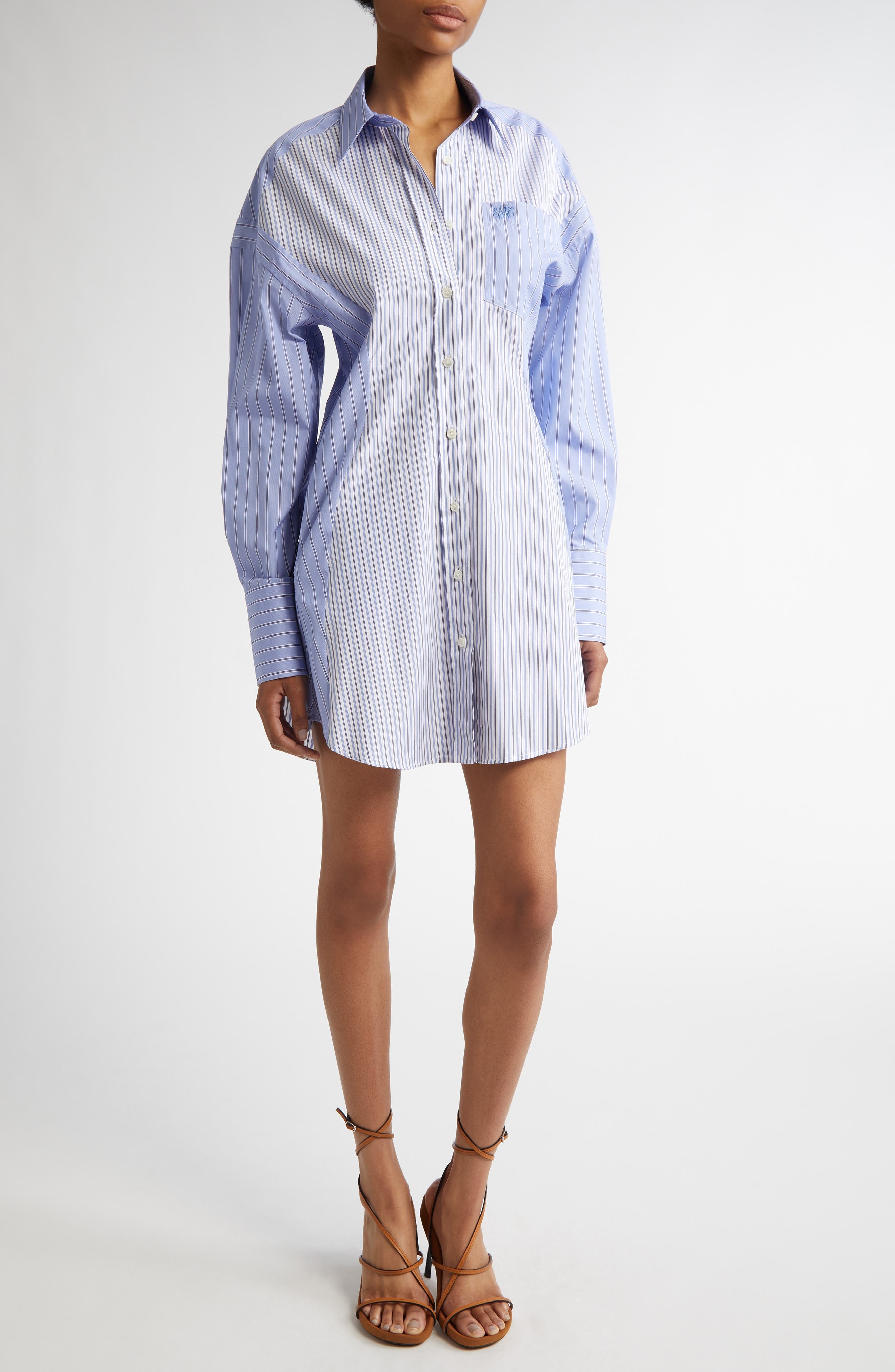 Stella McCartney Mixed Stripe Long Sleeve Cotton Shirtdress in Multicolor Blue at Nordstrom - 1