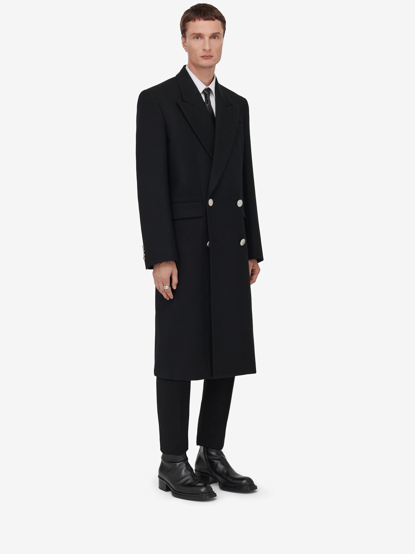 Men's Peak Lapel Double-breasted Coat in Black - 3