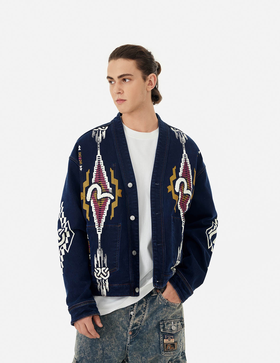 Chimayo Tapestry and Seagull Print Reversible Boxy Denim Jacket - 5