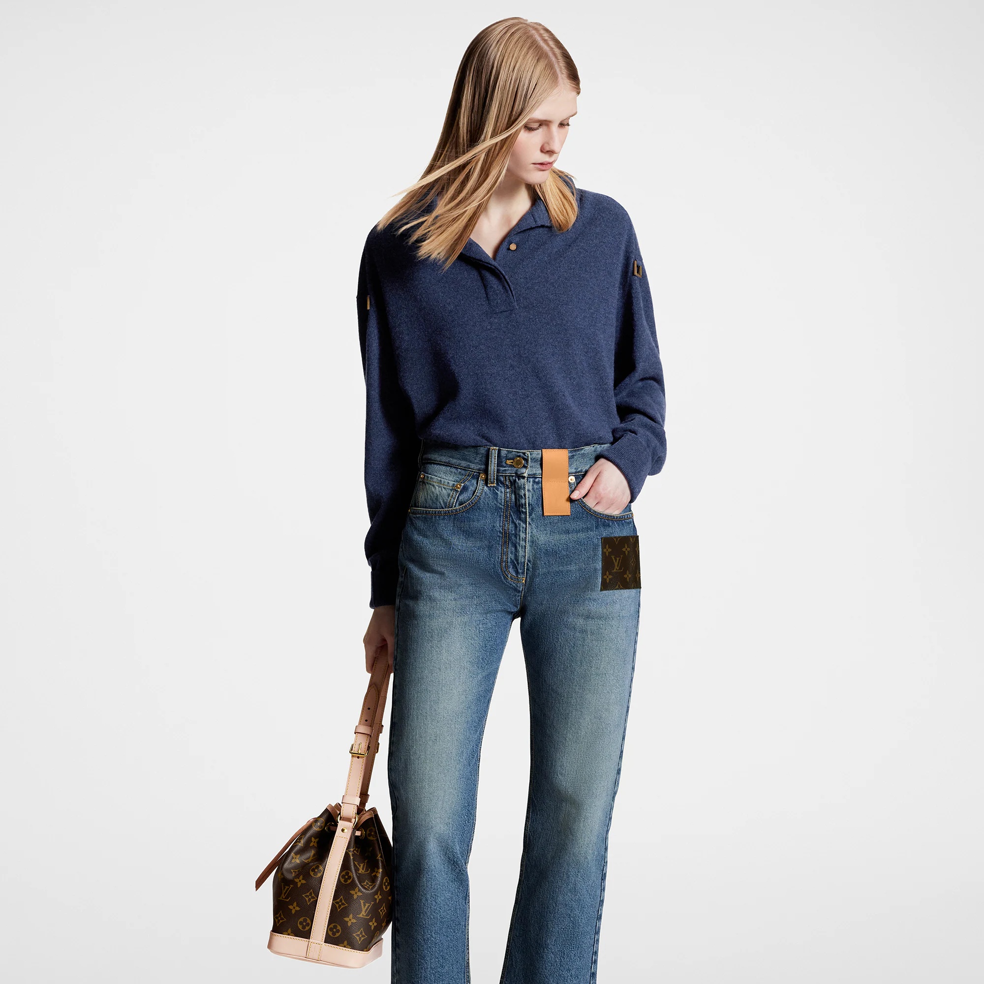 Frayed Hem Stonewashed Monogram Patch Jeans - 5