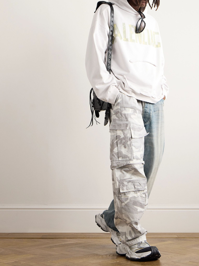BALENCIAGA Hybrid Wide-Leg Ripstop and Distressed Denim Drawstring Trousers Blue outlook