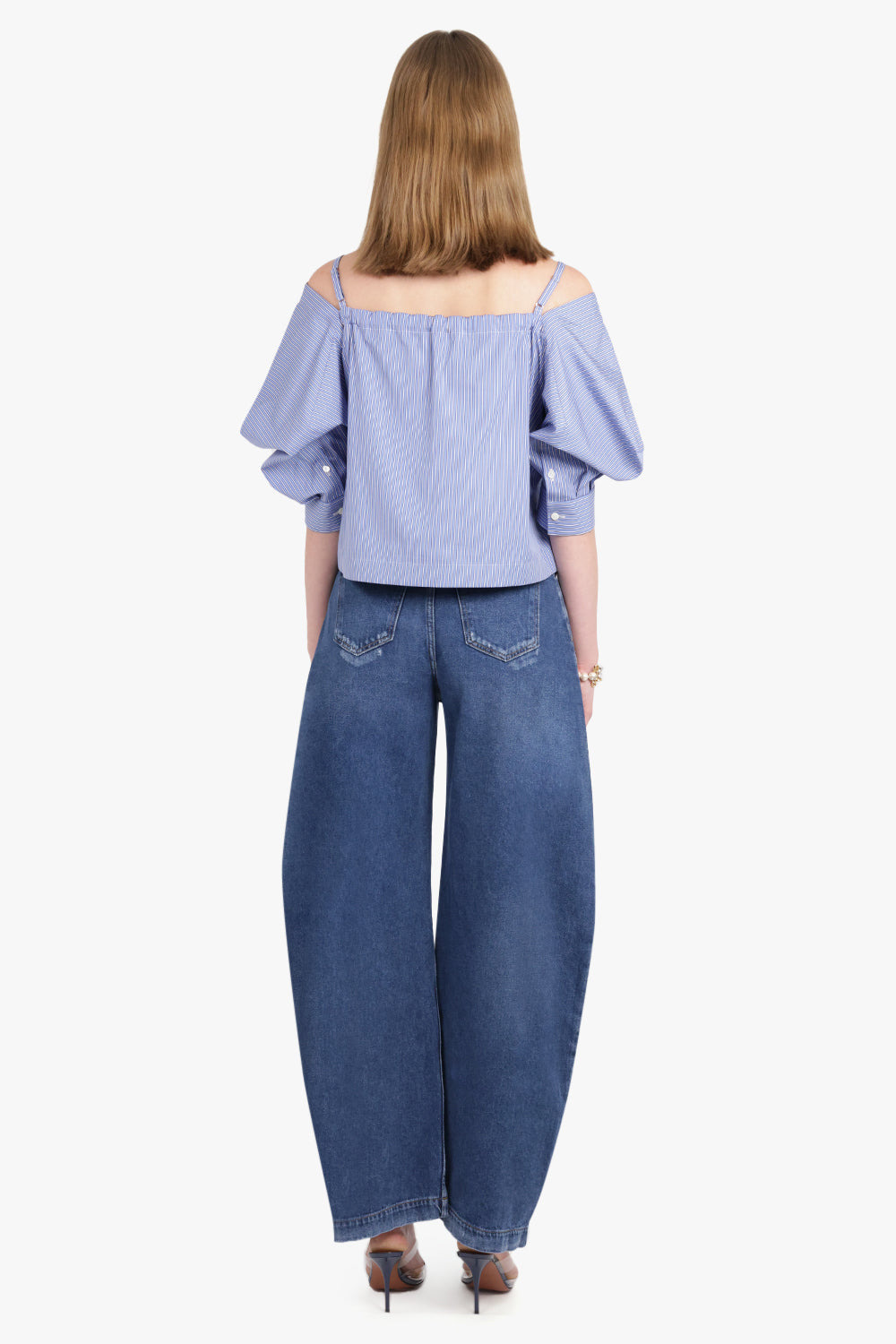 OFF SHOULDER STRIPE TOP WITH EXAGGERATED WING SLEEVE | BLUE - 5