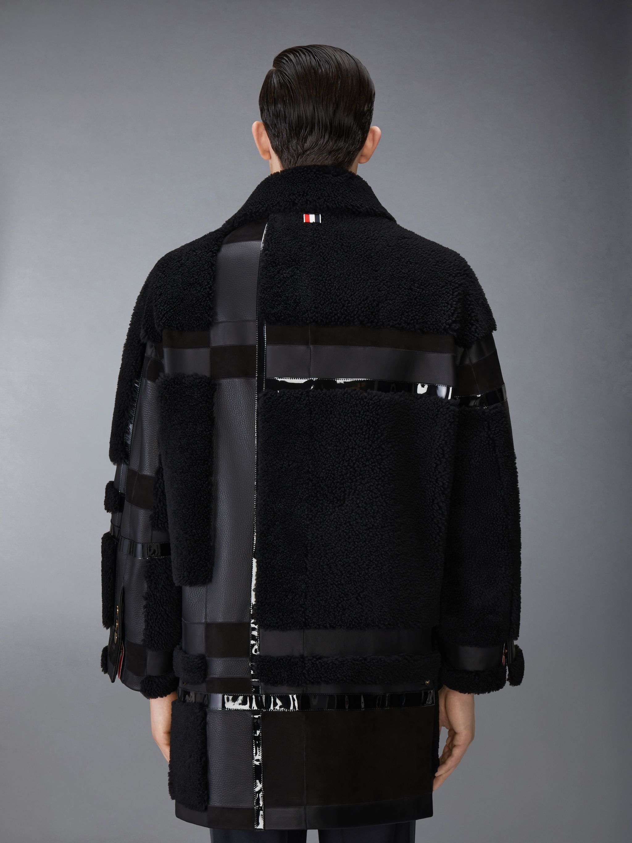 Intarsia Mixed Leather Dyed Shearing Oversized Overcoat - 2