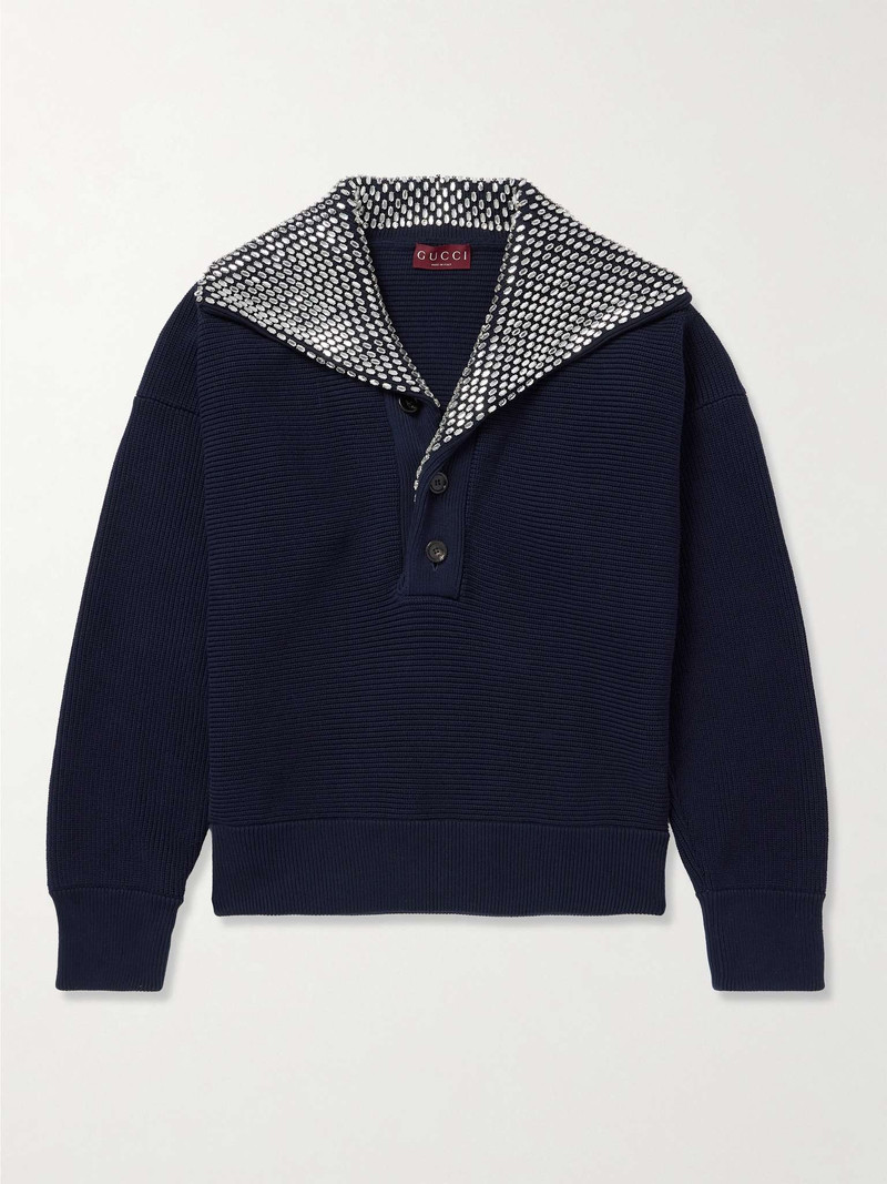 Crystal-Embellished Ribbed Cotton-Blend Sweater 1