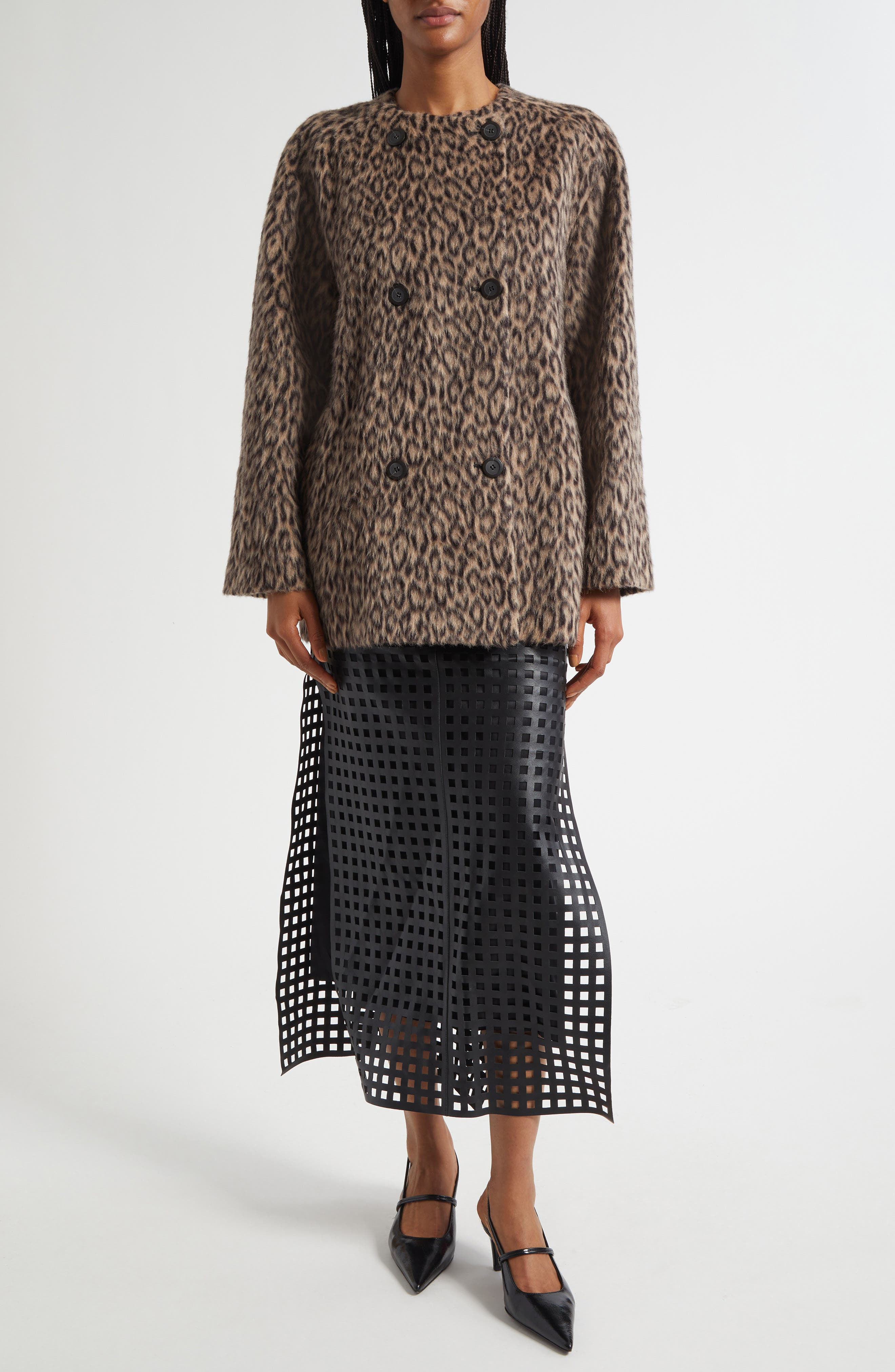 Emporio Armani Laser Cut Nappa Leather Midi Skirt in Solid Black at Nordstrom - 2