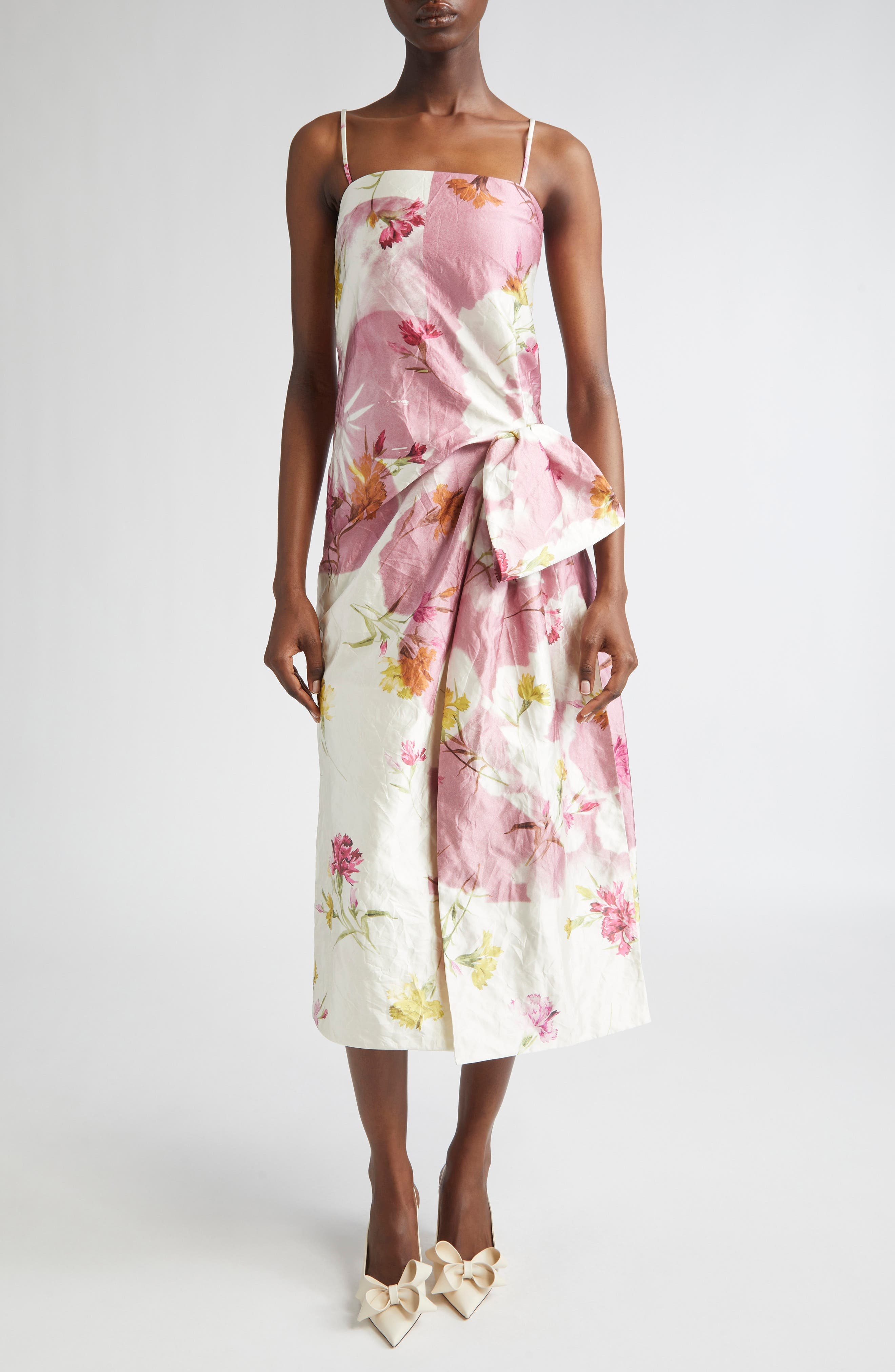 Erdem Dancing Carnation Print Rumpled Satin Draped Cocktail Dress in Dancing Carnation Cinder Rose a - 1