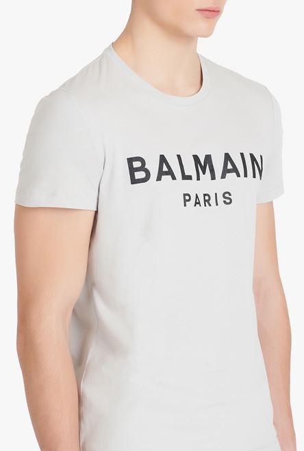 Light gray eco-designed cotton T-shirt with black Balmain Paris logo print - 6